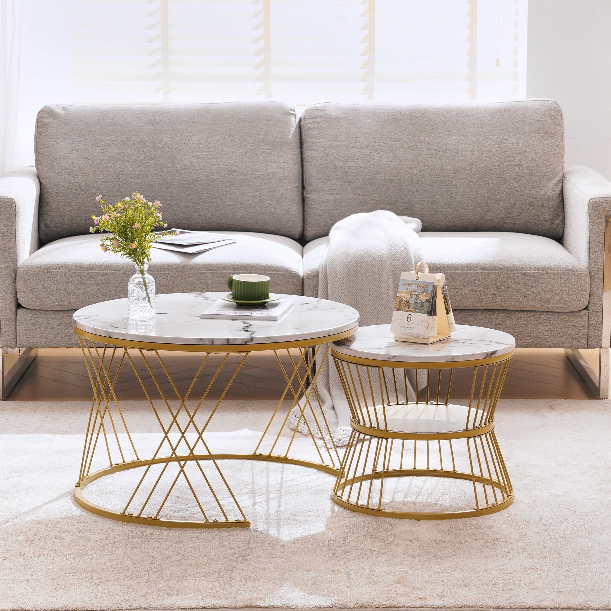 Logidon ronde salontafels wit marmer fineer gouden frame nesting