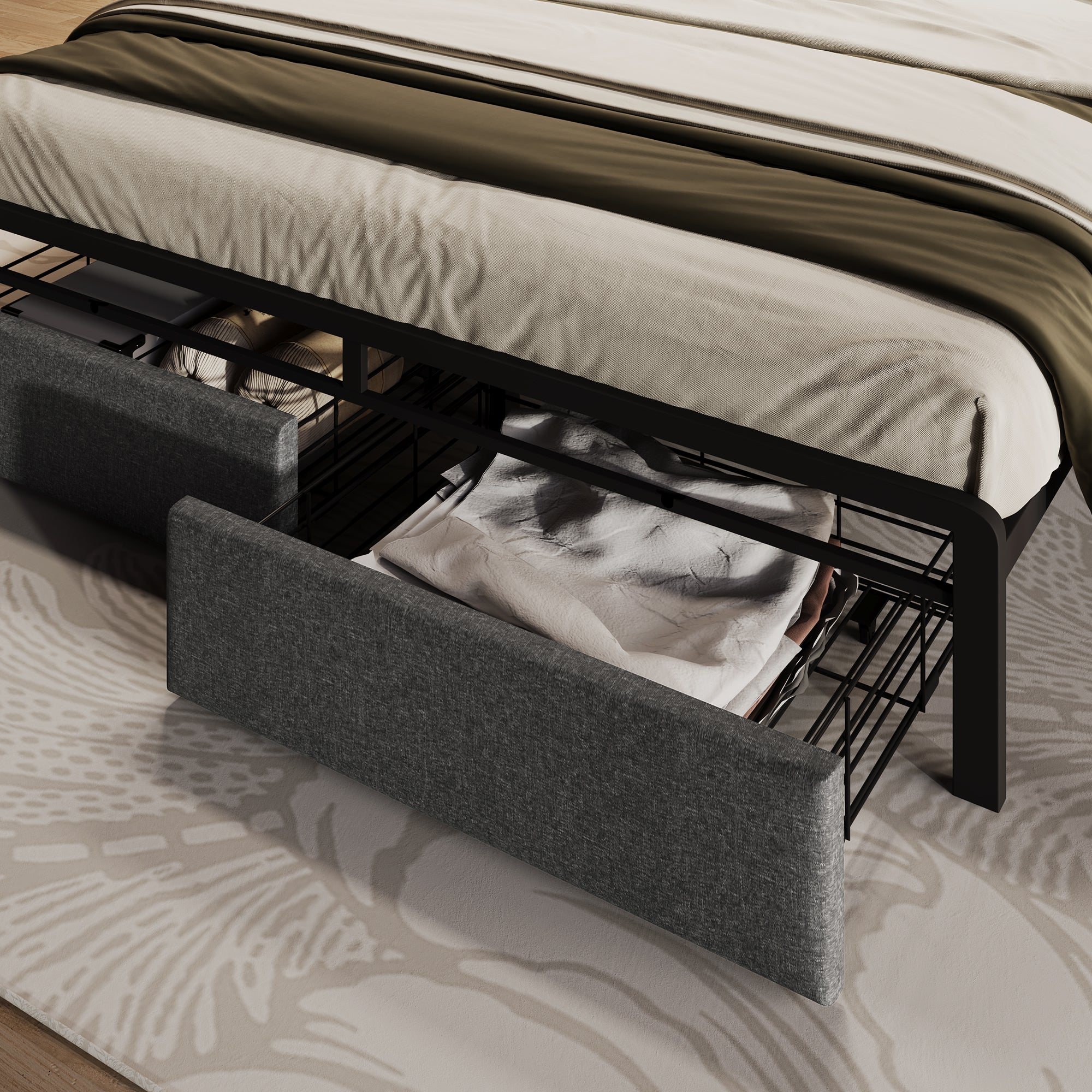 Logidon gestoffeerd bed 140x200 USB C oplaadfunctie lades hoofdbord grijs