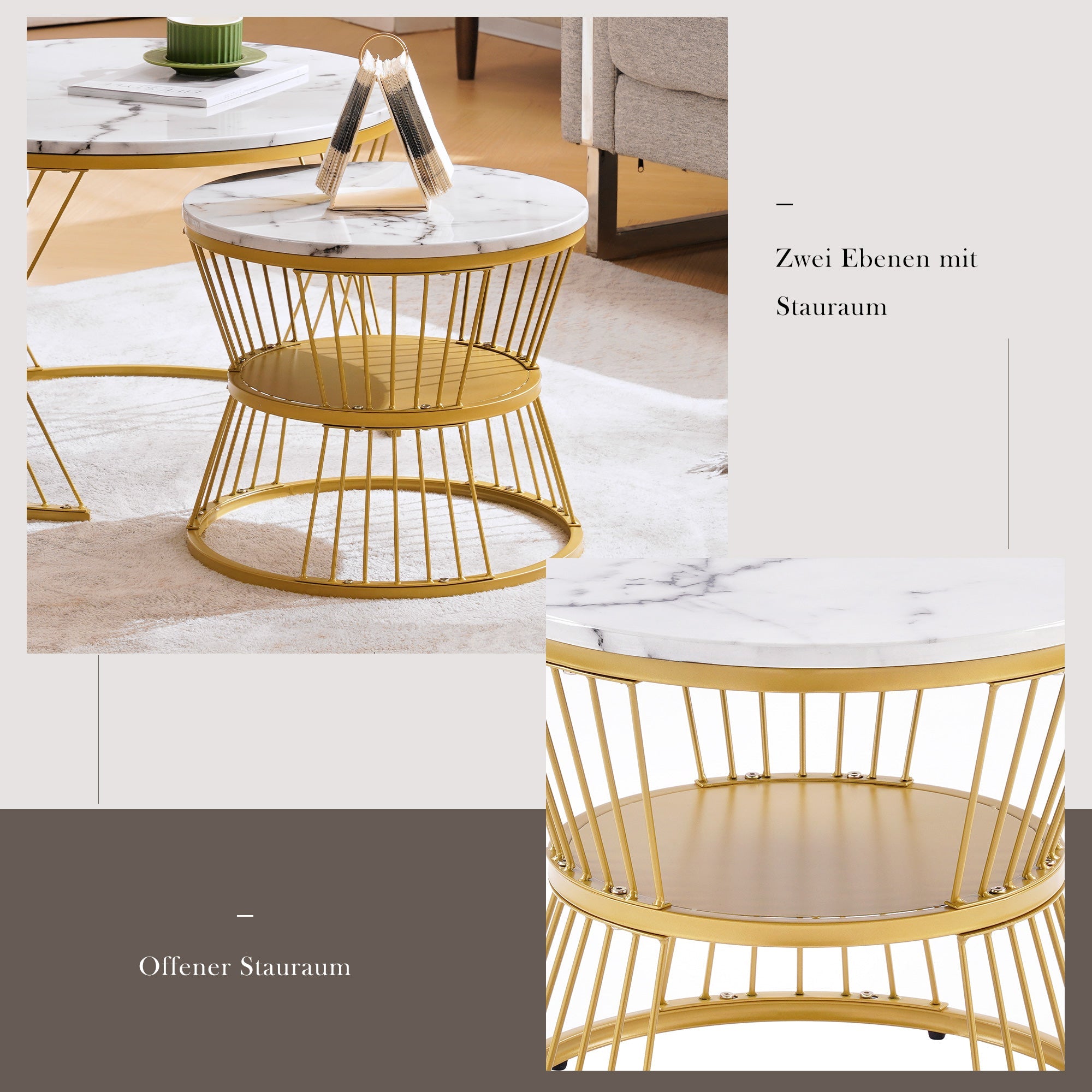 Logidon ronde salontafels wit marmer fineer gouden frame nesting