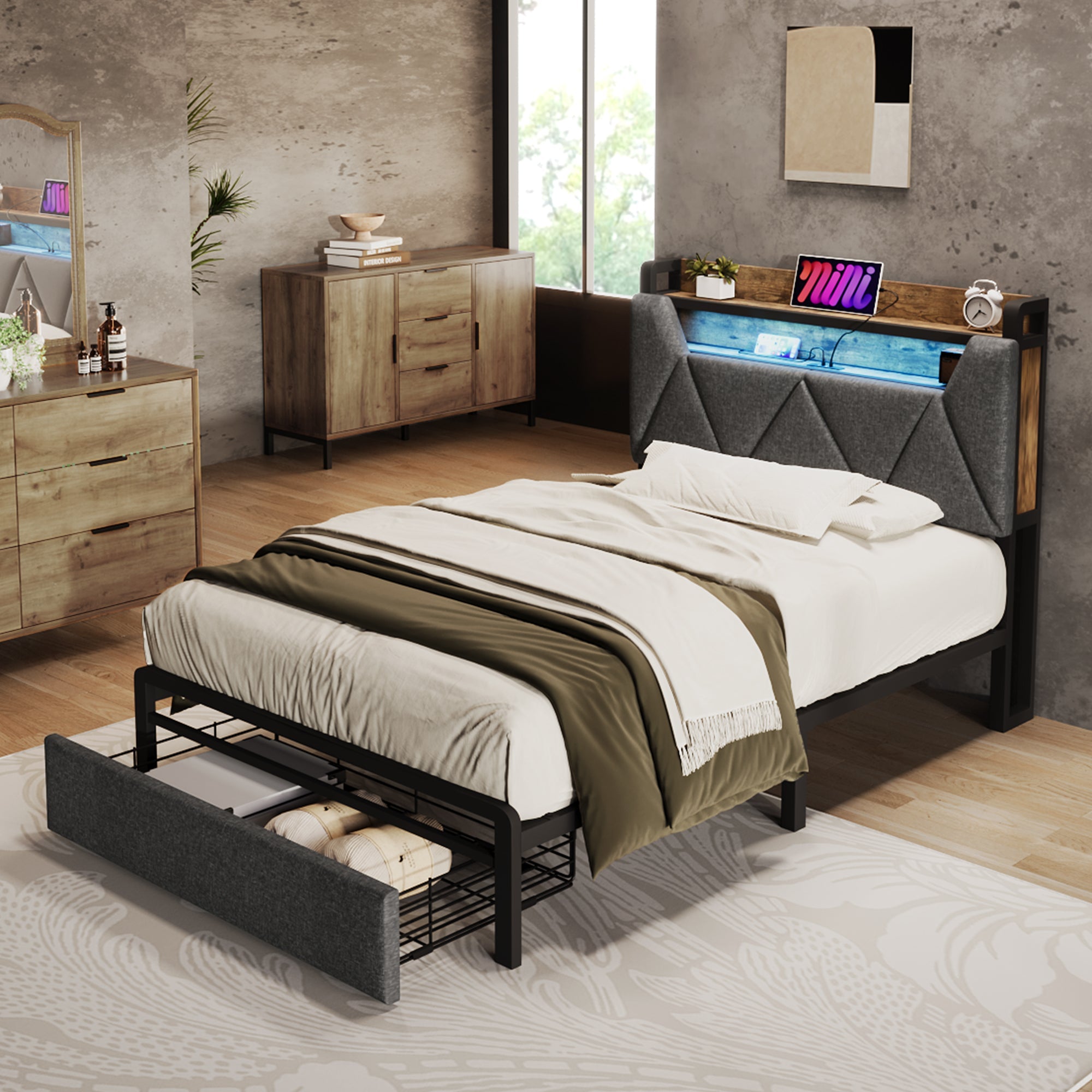 Logidon upholstered bed 90x200 USB Type C charging function storage space headboard