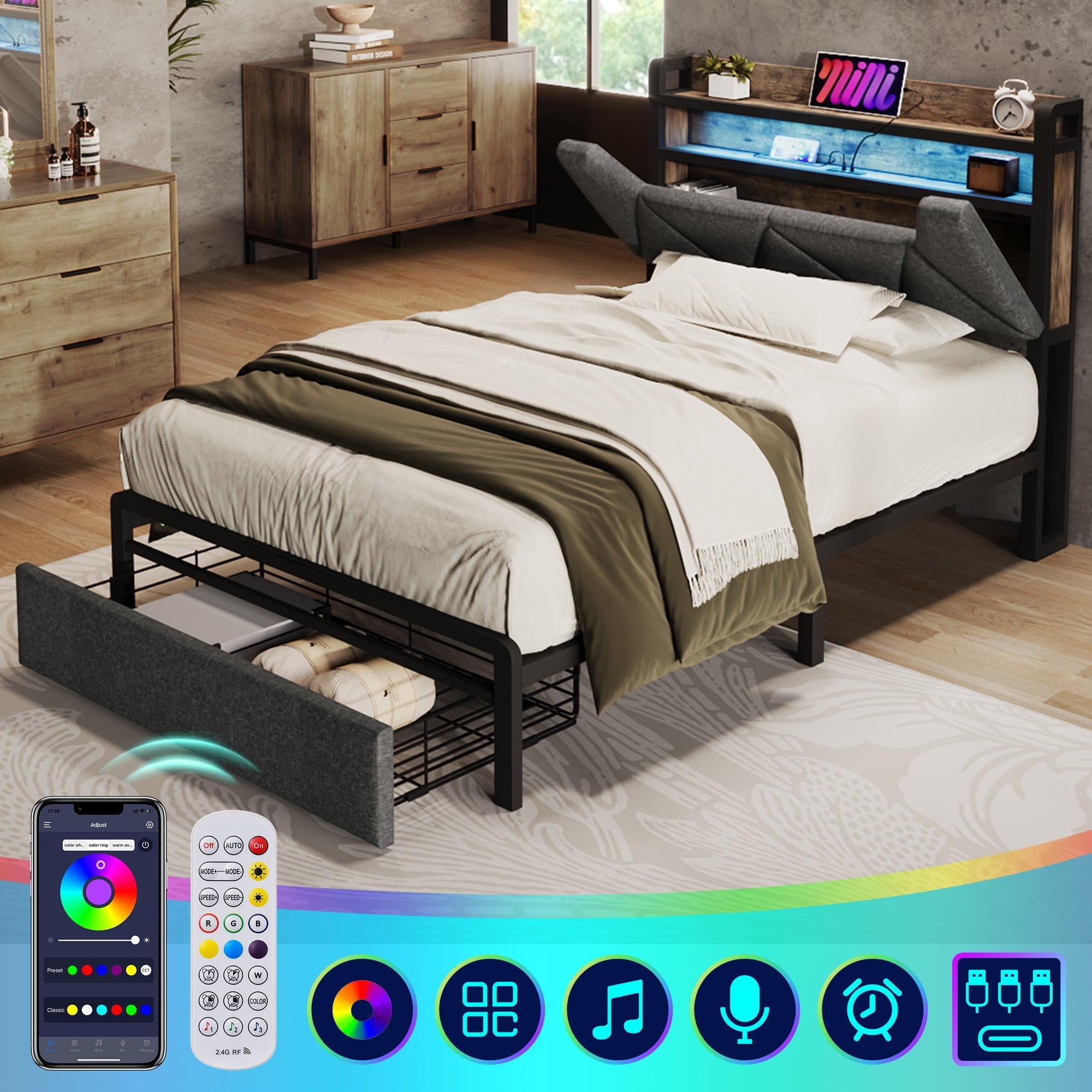 Logidon upholstered bed 90x200 USB Type C charging function storage space headboard