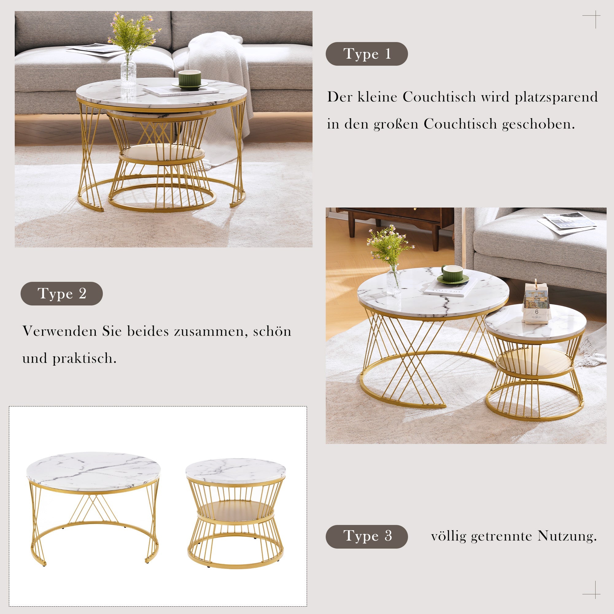 Logidon ronde salontafels wit marmer fineer gouden frame nesting