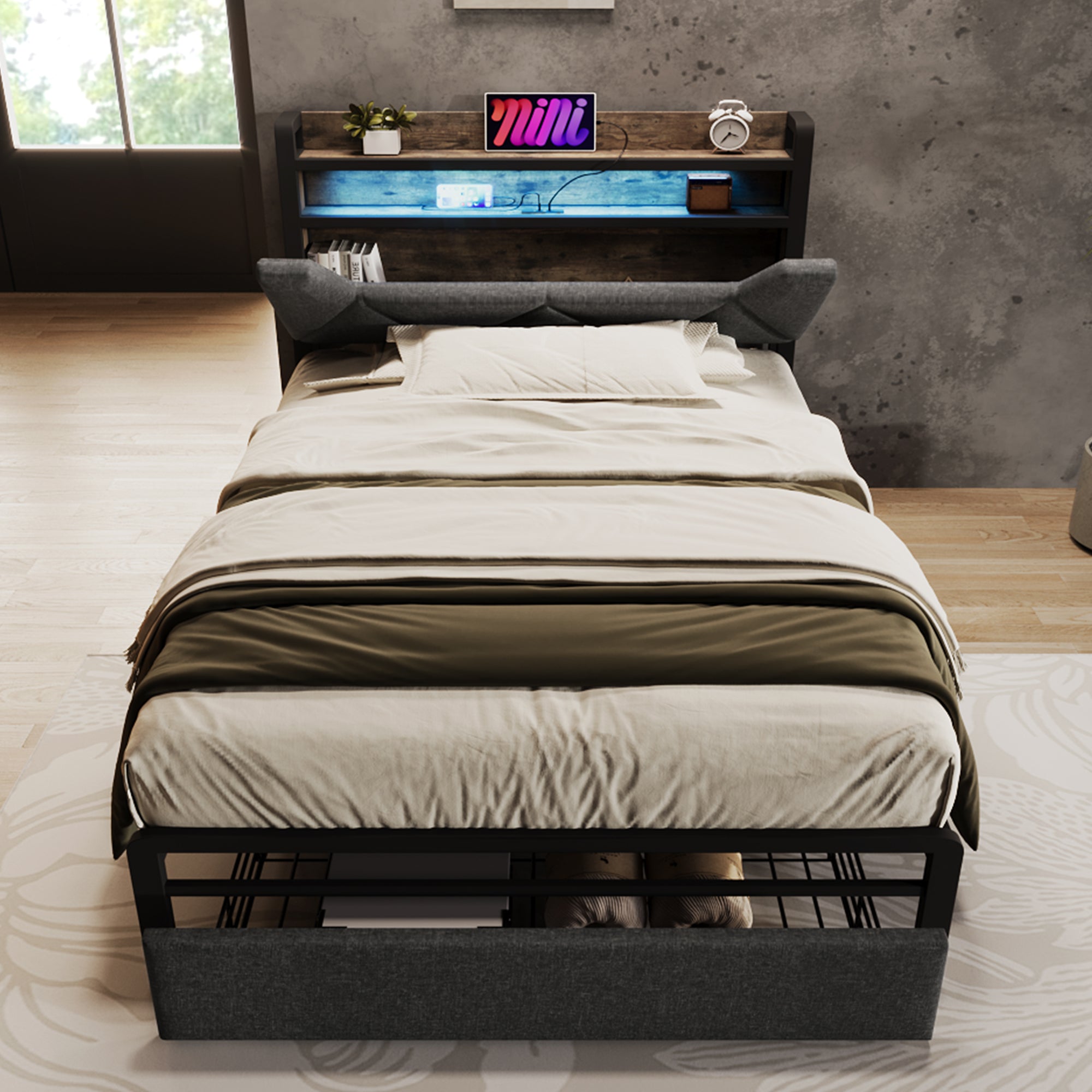 Logidon upholstered bed 90x200 USB Type C charging function storage space headboard