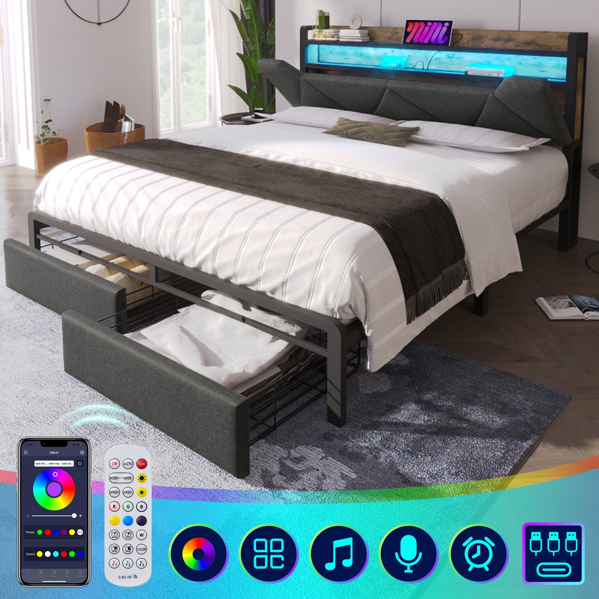 Logidon Upholstered Bed 140x200 USB Type C Charging Function and Storage Space Gray