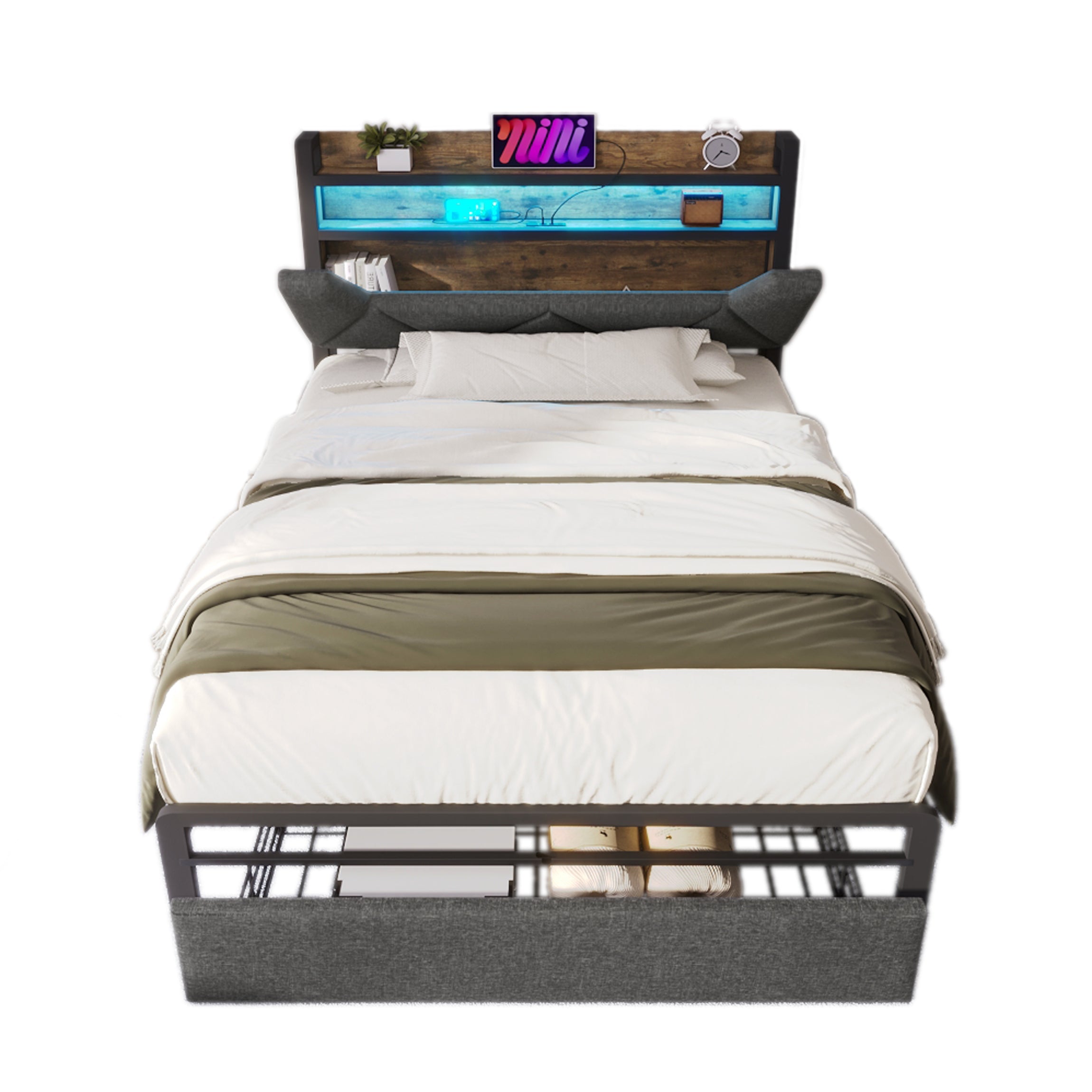 Logidon gestoffeerd bed USB oplaadfunctie opbergruimte hoofdbord LED grijs 90x200