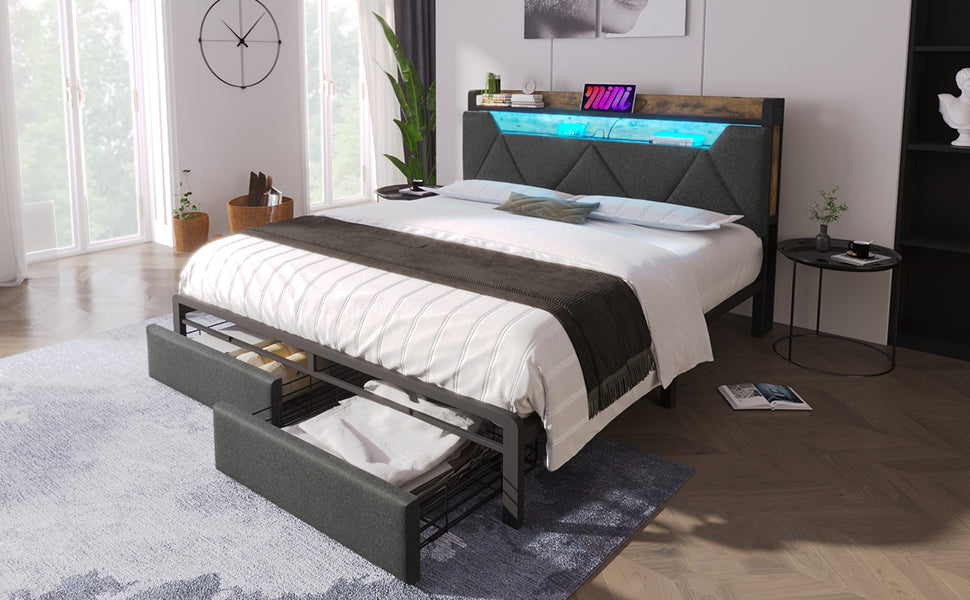 Logidon Upholstered Bed 140x200 USB Type C Charging Function and Storage Space Gray