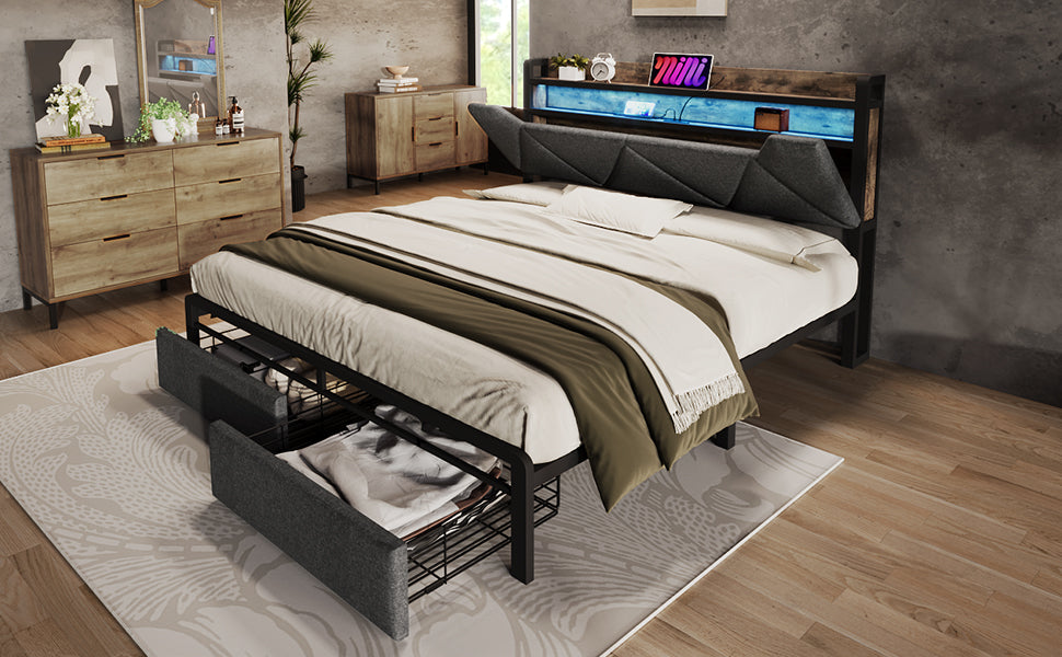 Logidon Upholstered Bed 140x200 USB Type C Charging Function and Storage Space Gray