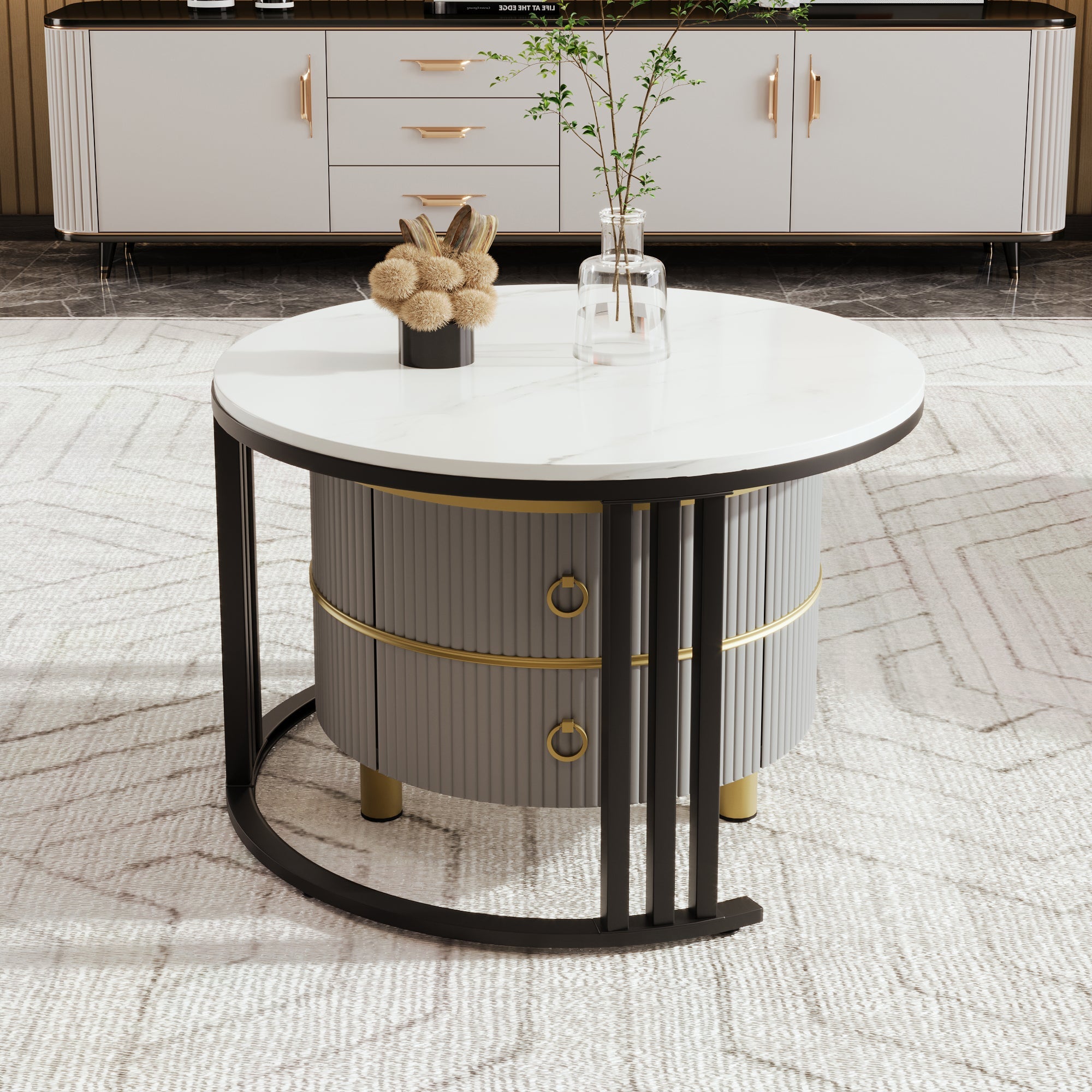Logidon 2-in-1 ronde MDF salontafelset grijs glanzend blad 70x70 + 50x50 cm