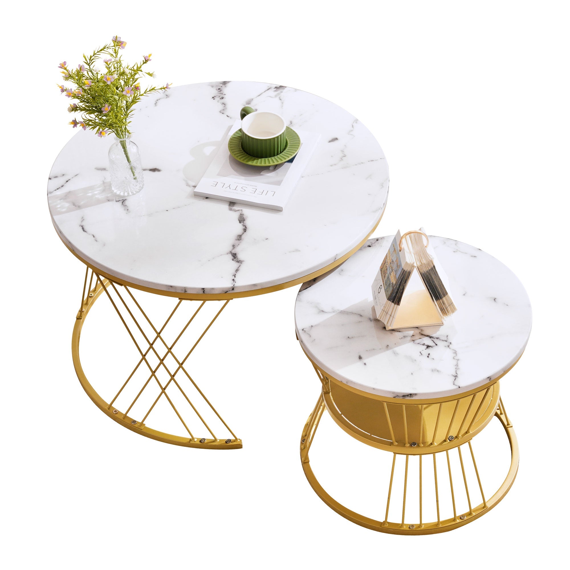 Logidon ronde salontafels wit marmer fineer gouden frame nesting