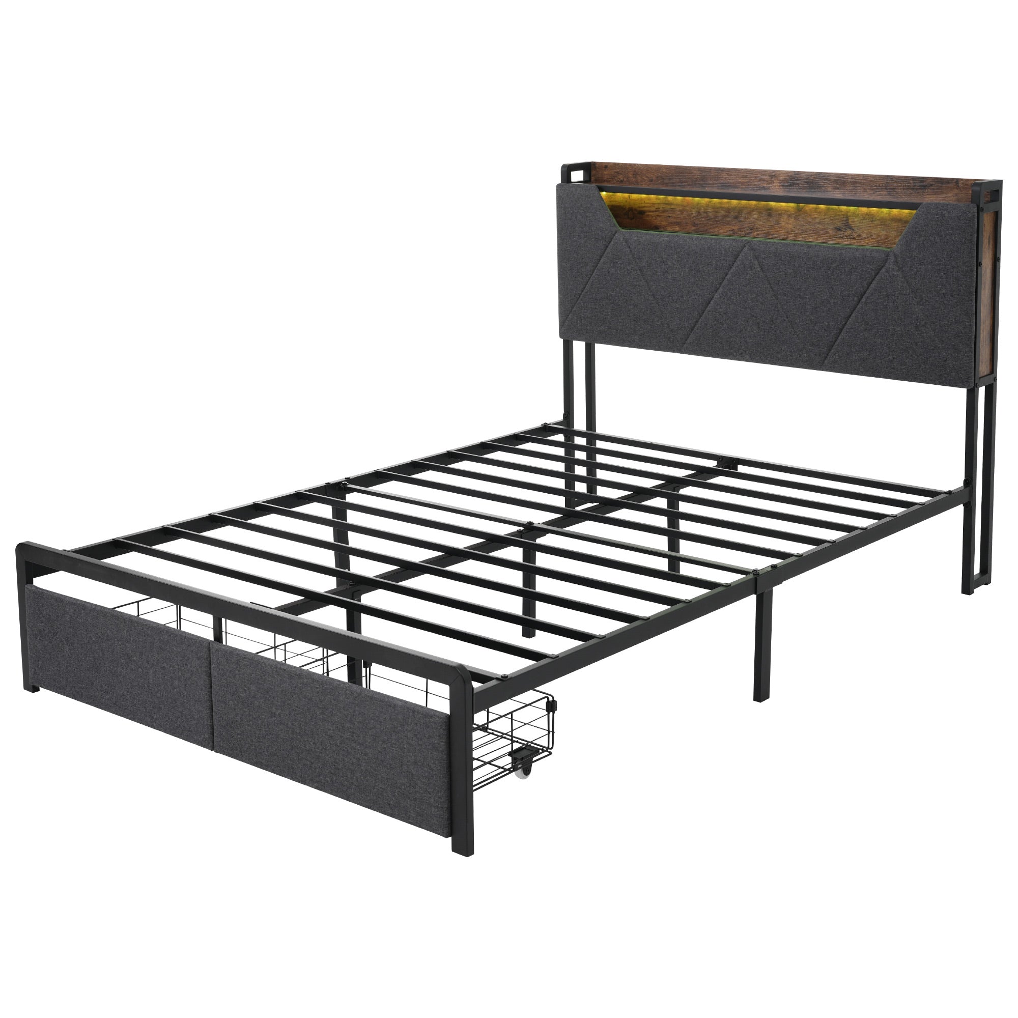 Logidon gestoffeerd bed 140x200 USB C oplaadfunctie lades hoofdbord grijs
