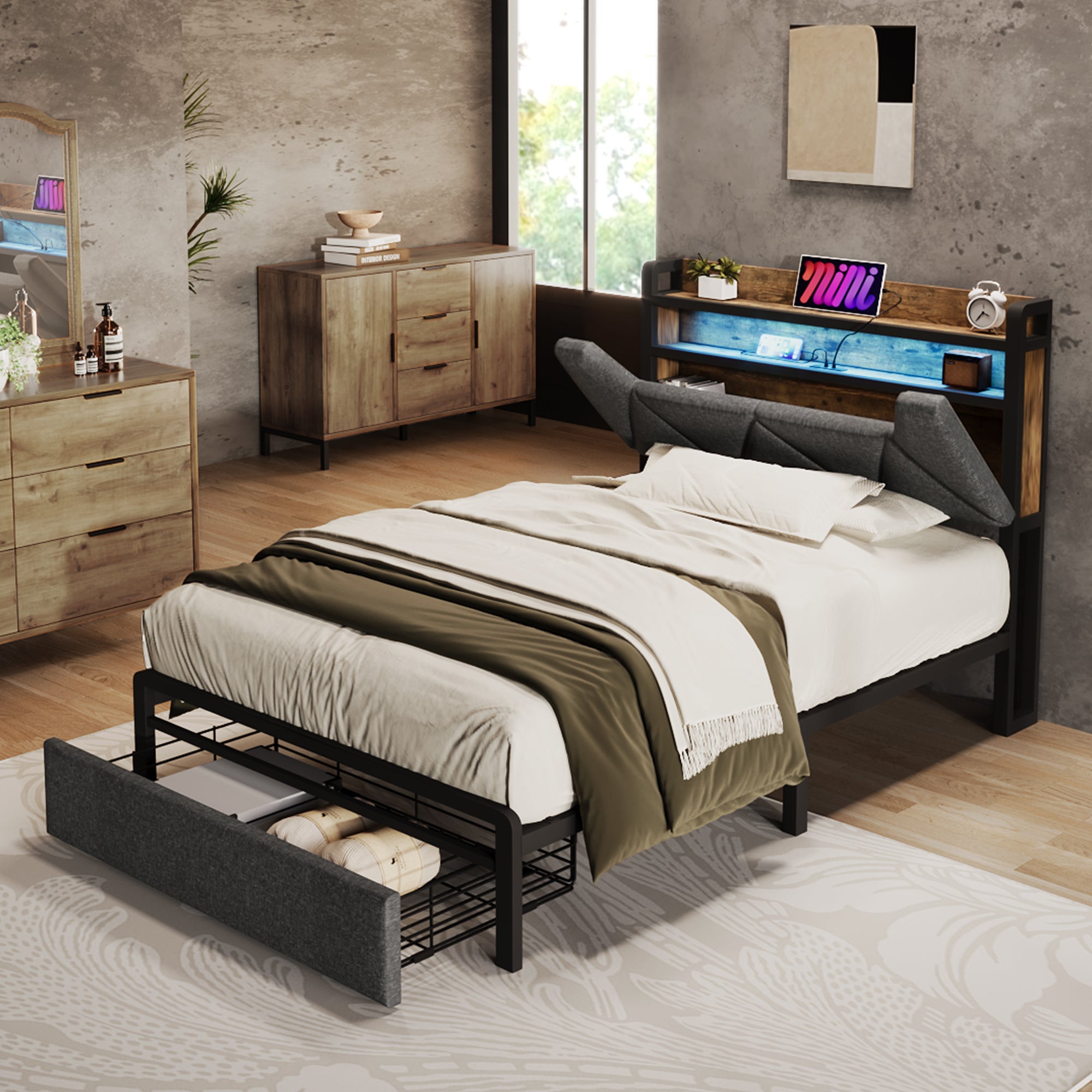 Logidon upholstered bed 90x200 USB Type C charging function storage space headboard