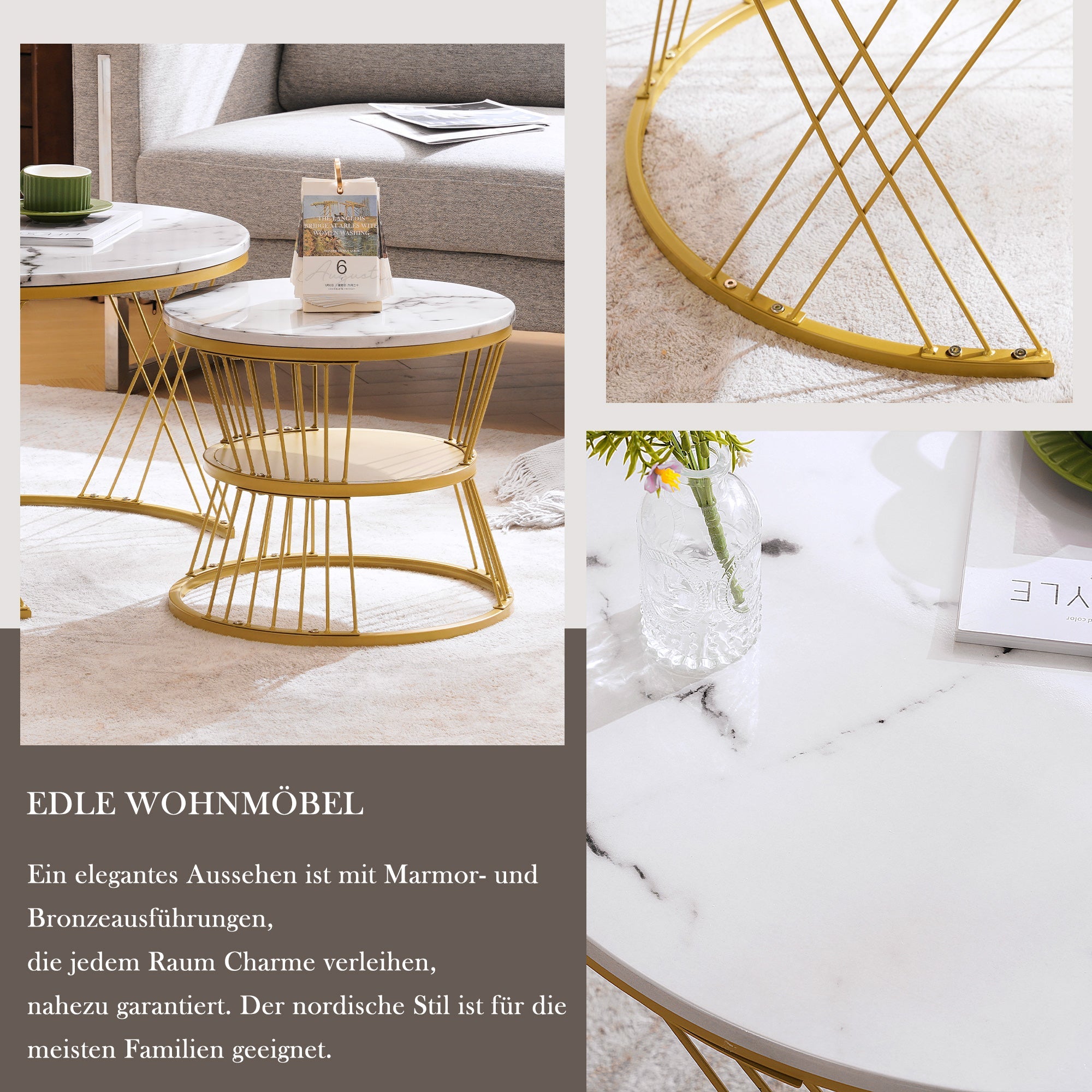 Logidon ronde salontafels wit marmer fineer gouden frame nesting