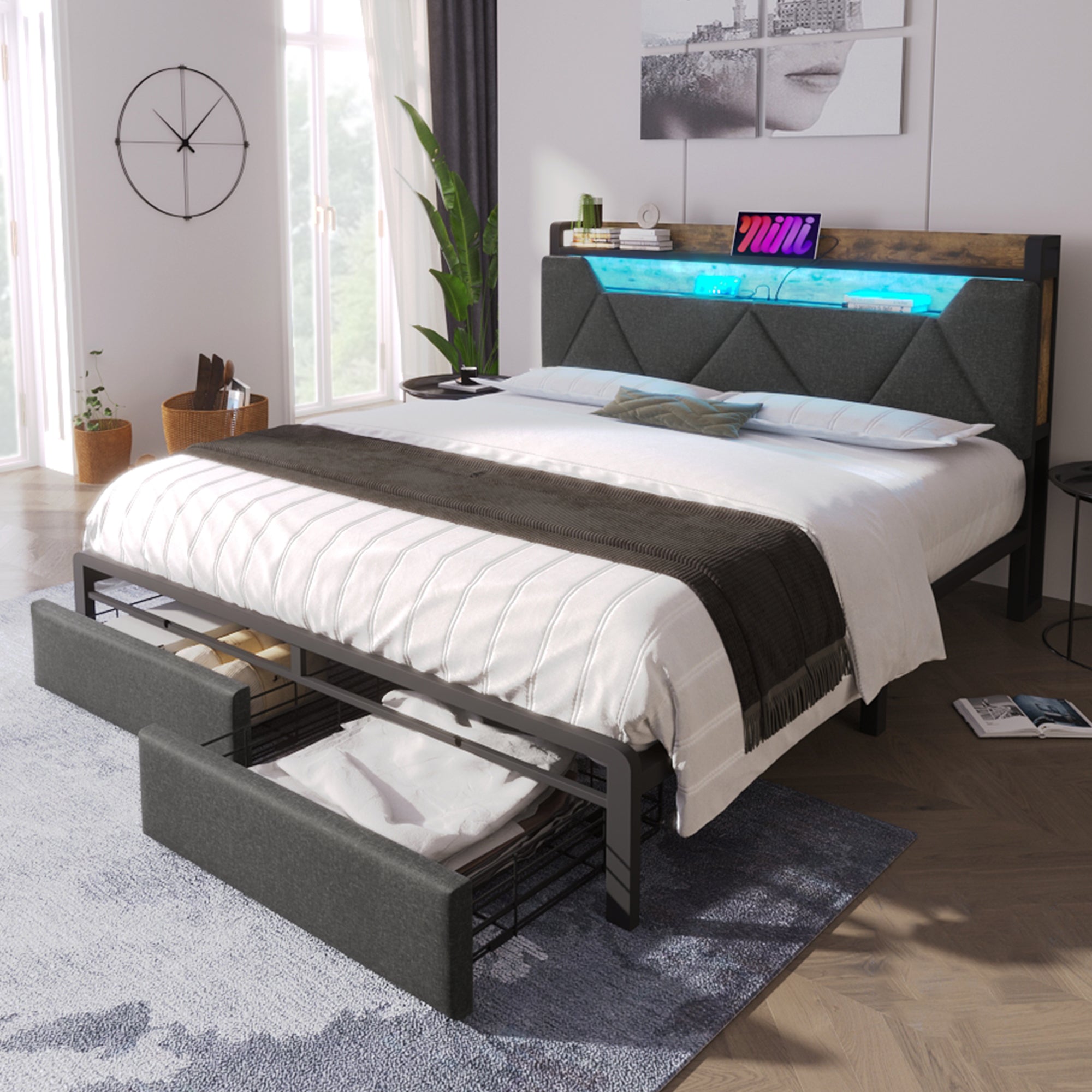 Logidon gestoffeerd bed 140x200 USB C oplaadfunctie lades hoofdbord grijs
