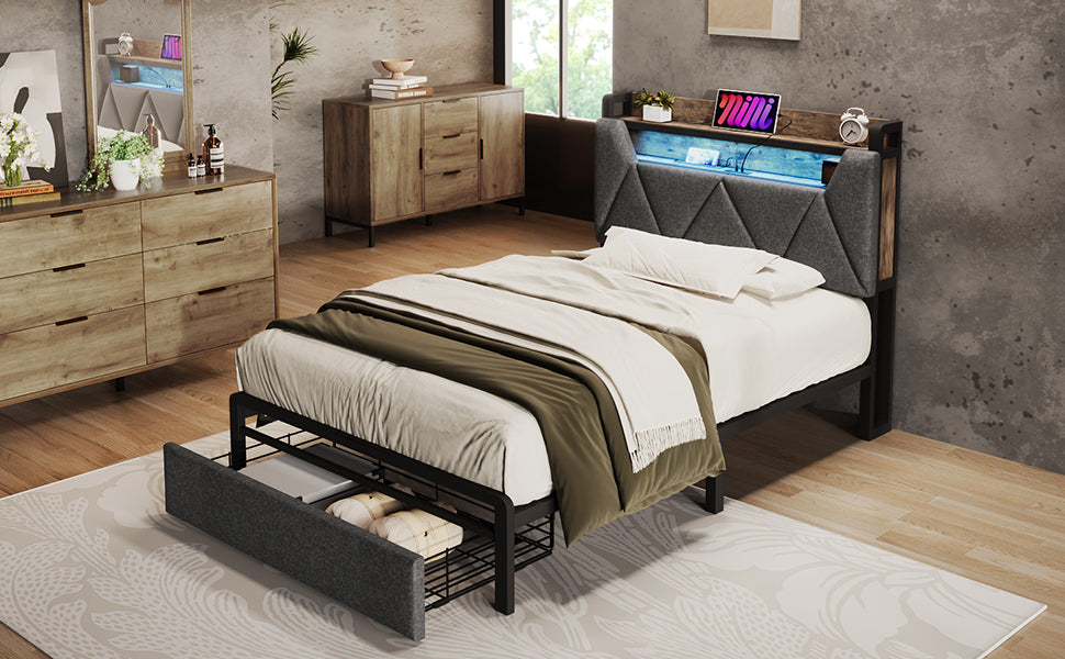Logidon upholstered bed 90x200 USB Type C charging function storage space headboard
