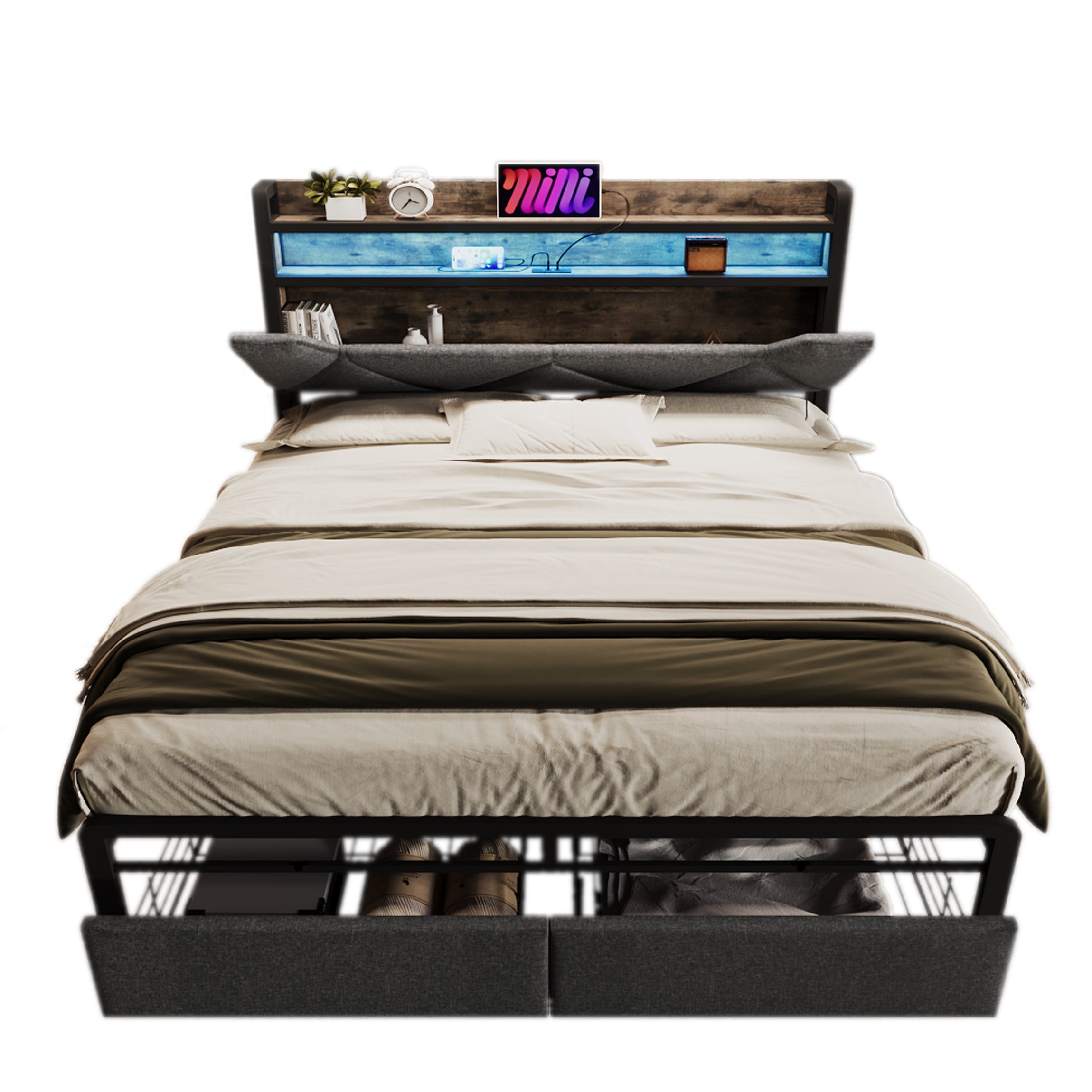 Logidon gestoffeerd bed 140x200 USB C oplaadfunctie lades hoofdbord grijs