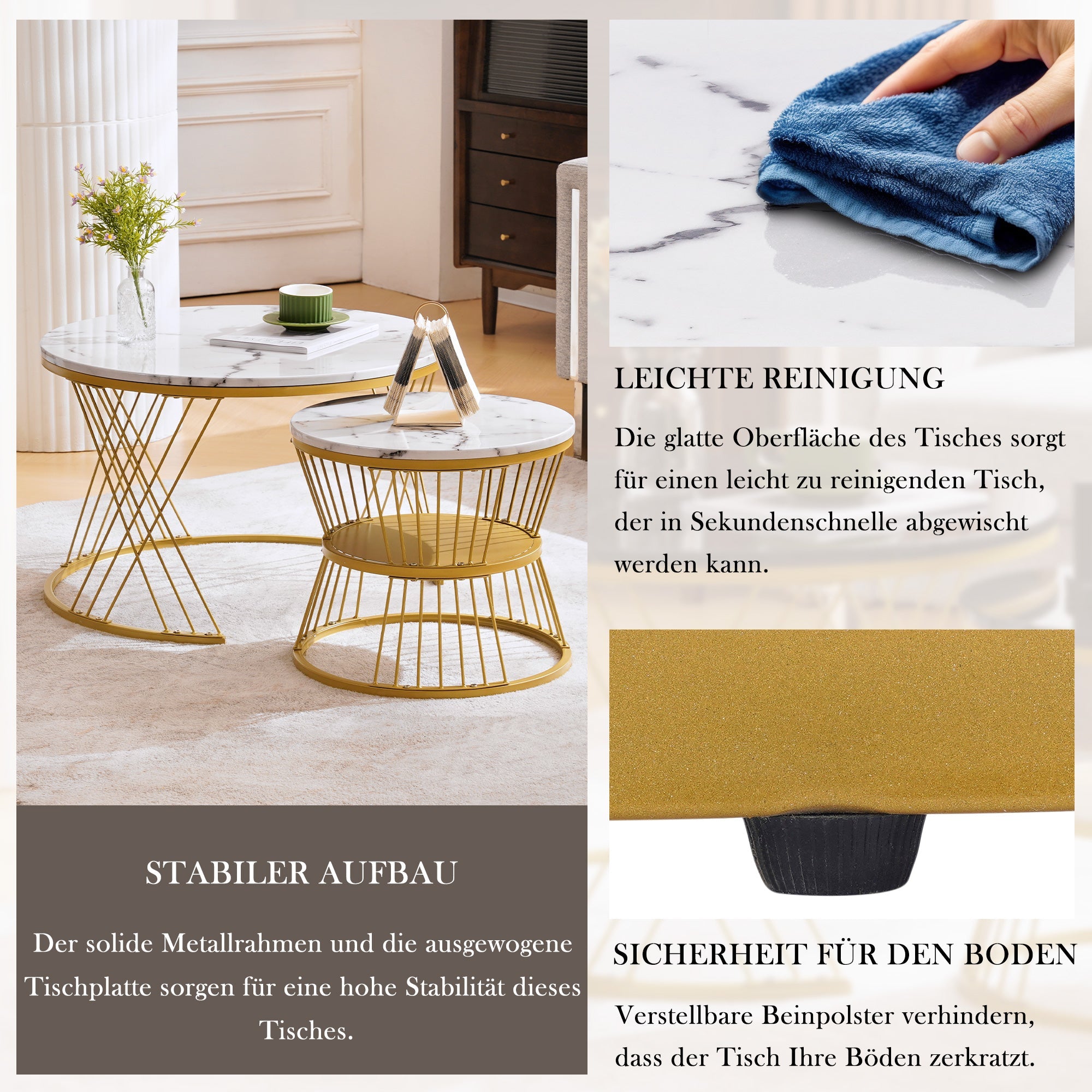 Logidon ronde salontafels wit marmer fineer gouden frame nesting