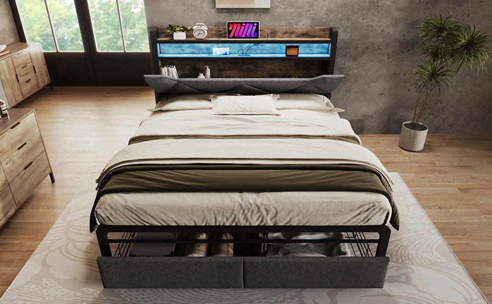Logidon gestoffeerd bed 140x200 USB C oplaadfunctie lades hoofdbord grijs