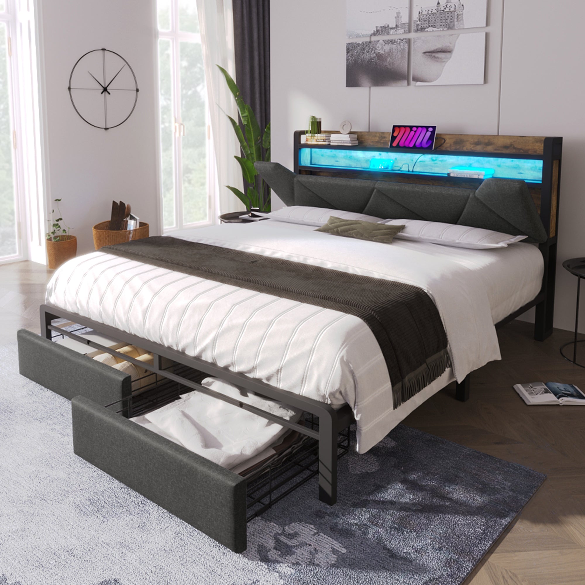 Logidon gestoffeerd bed 140x200 USB C oplaadfunctie lades hoofdbord grijs