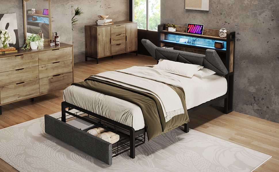 Logidon upholstered bed 90x200 USB Type C charging function storage space headboard
