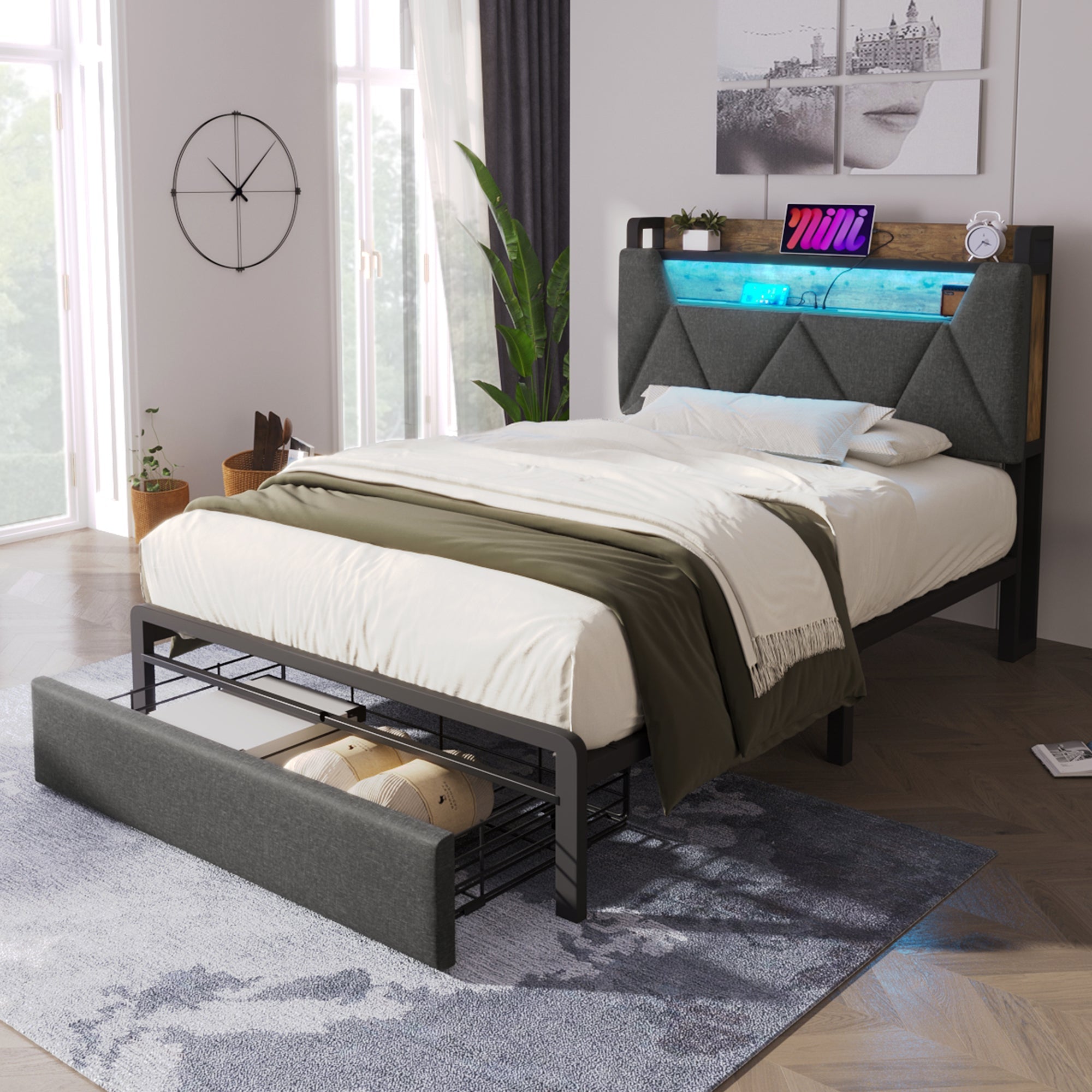 Logidon upholstered bed 90x200 USB Type C charging function storage space headboard