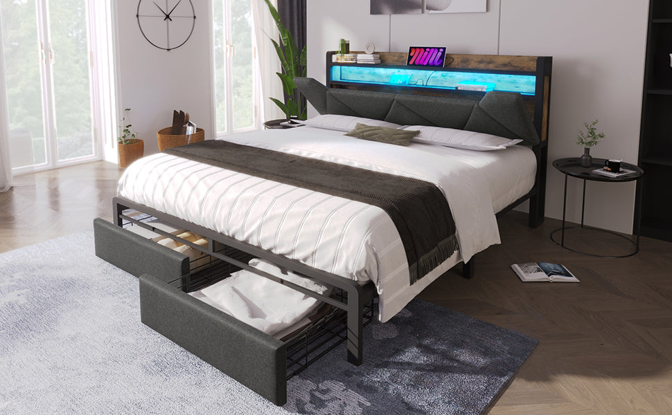 Logidon gestoffeerd bed 140x200 USB C oplaadfunctie lades hoofdbord grijs