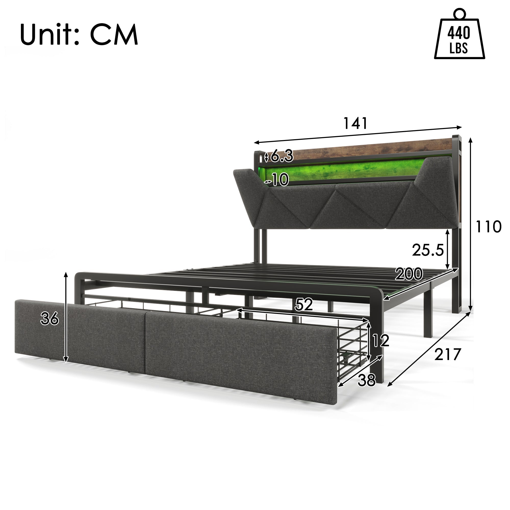 Logidon gestoffeerd bed 140x200 USB Type C Oplaadfunctie en opbergruimte Grijs