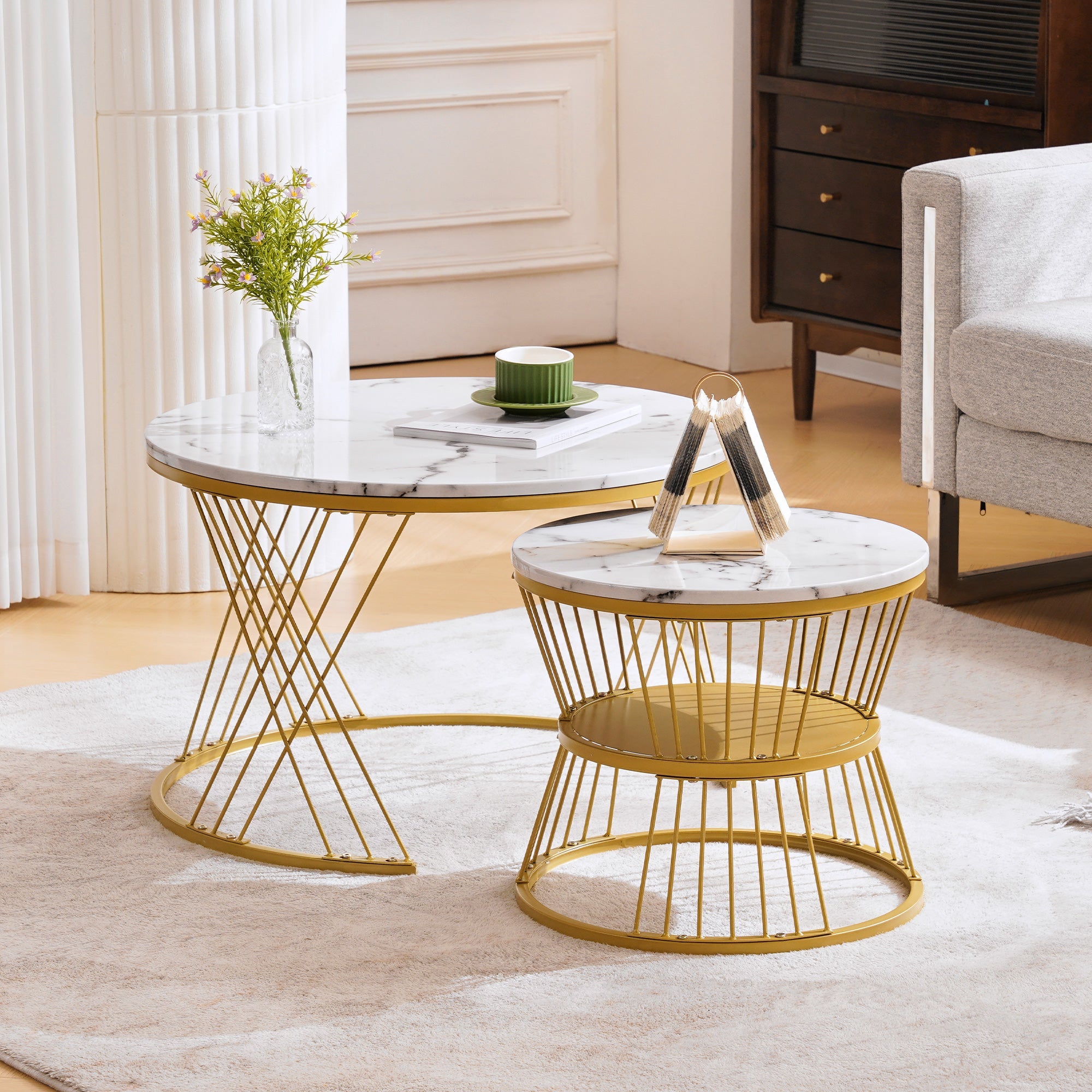 Logidon ronde salontafels wit marmer fineer gouden frame nesting