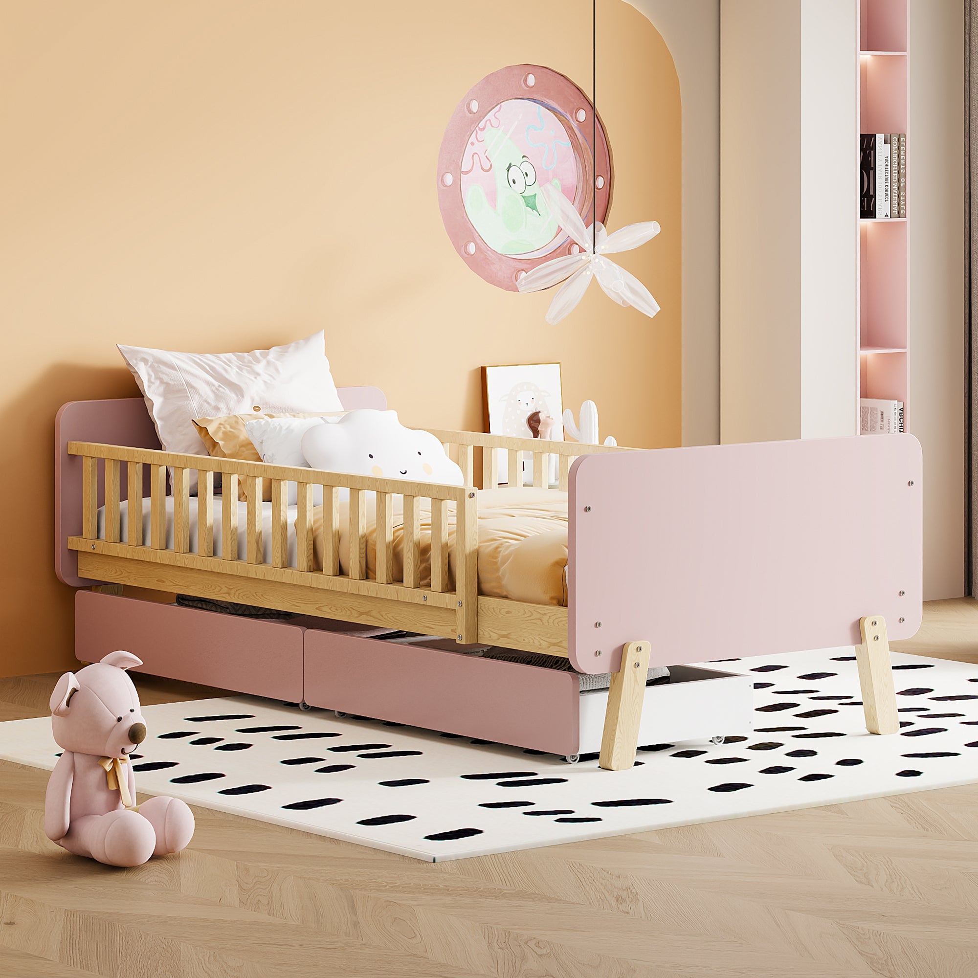 Logidon kinderbed 90x190 roze met 2 lades massief houten lattenbodem