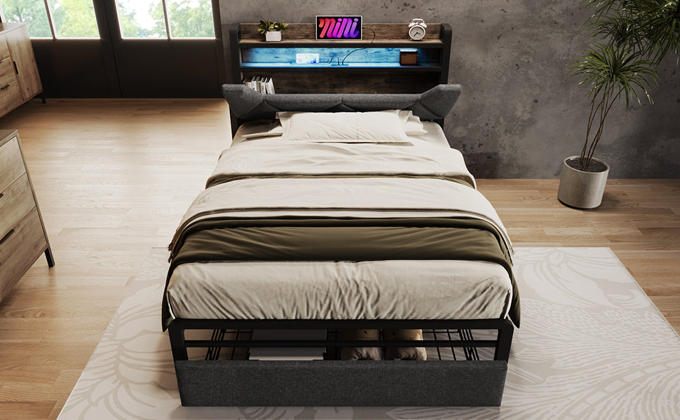 Logidon upholstered bed 90x200 USB Type C charging function storage space headboard