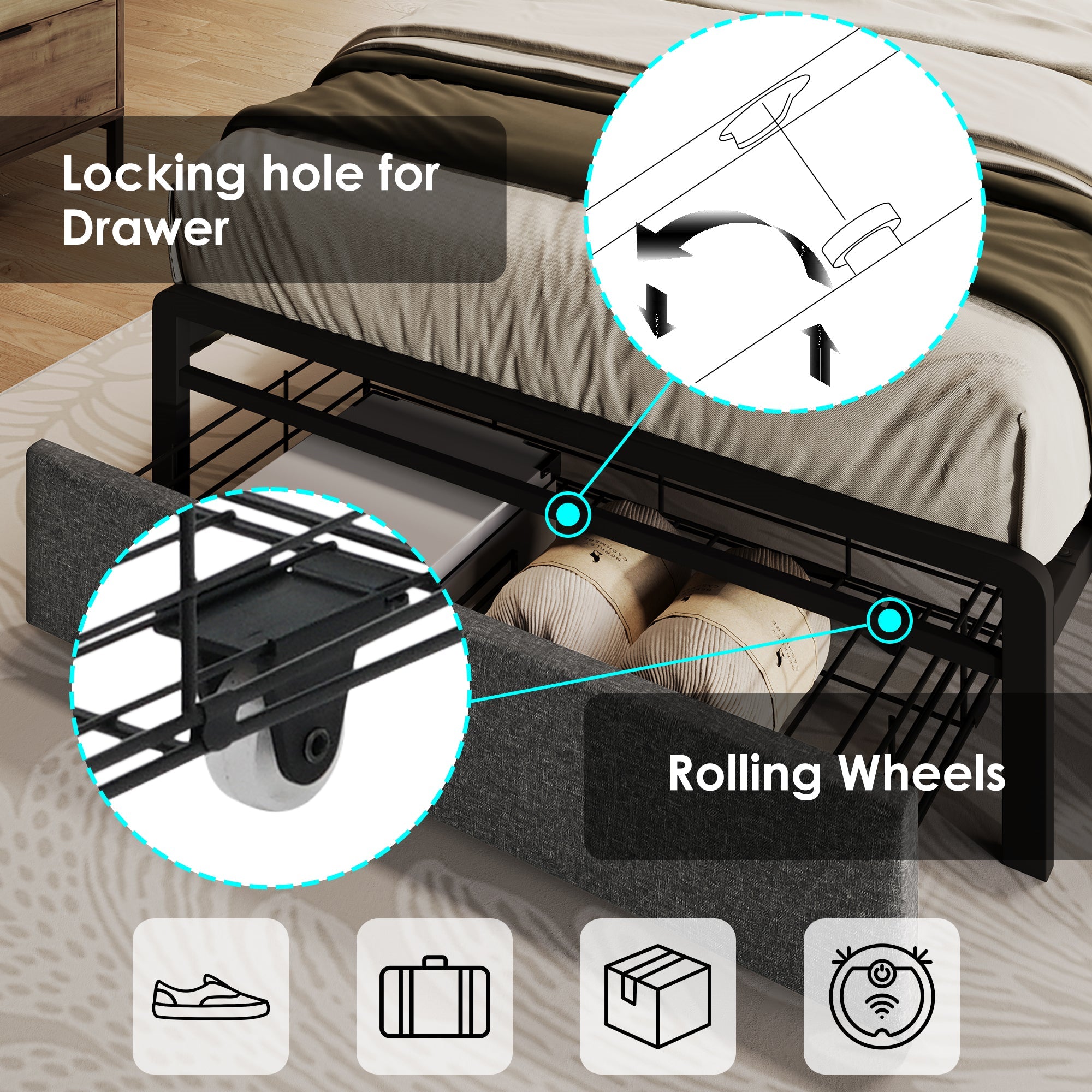 Logidon upholstered bed 90x200 USB Type C charging function storage space headboard