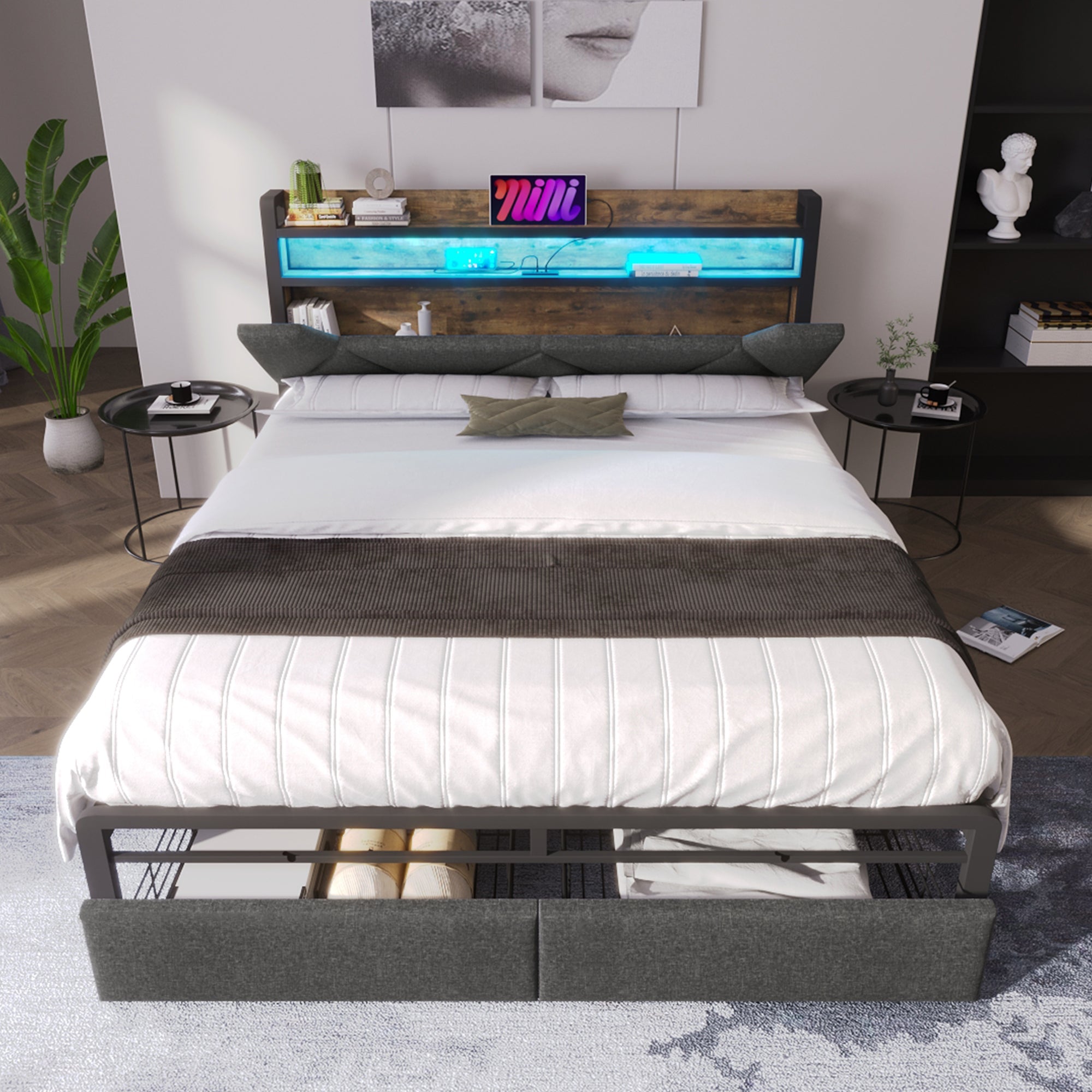 Logidon gestoffeerd bed 140x200 USB C oplaadfunctie lades hoofdbord grijs