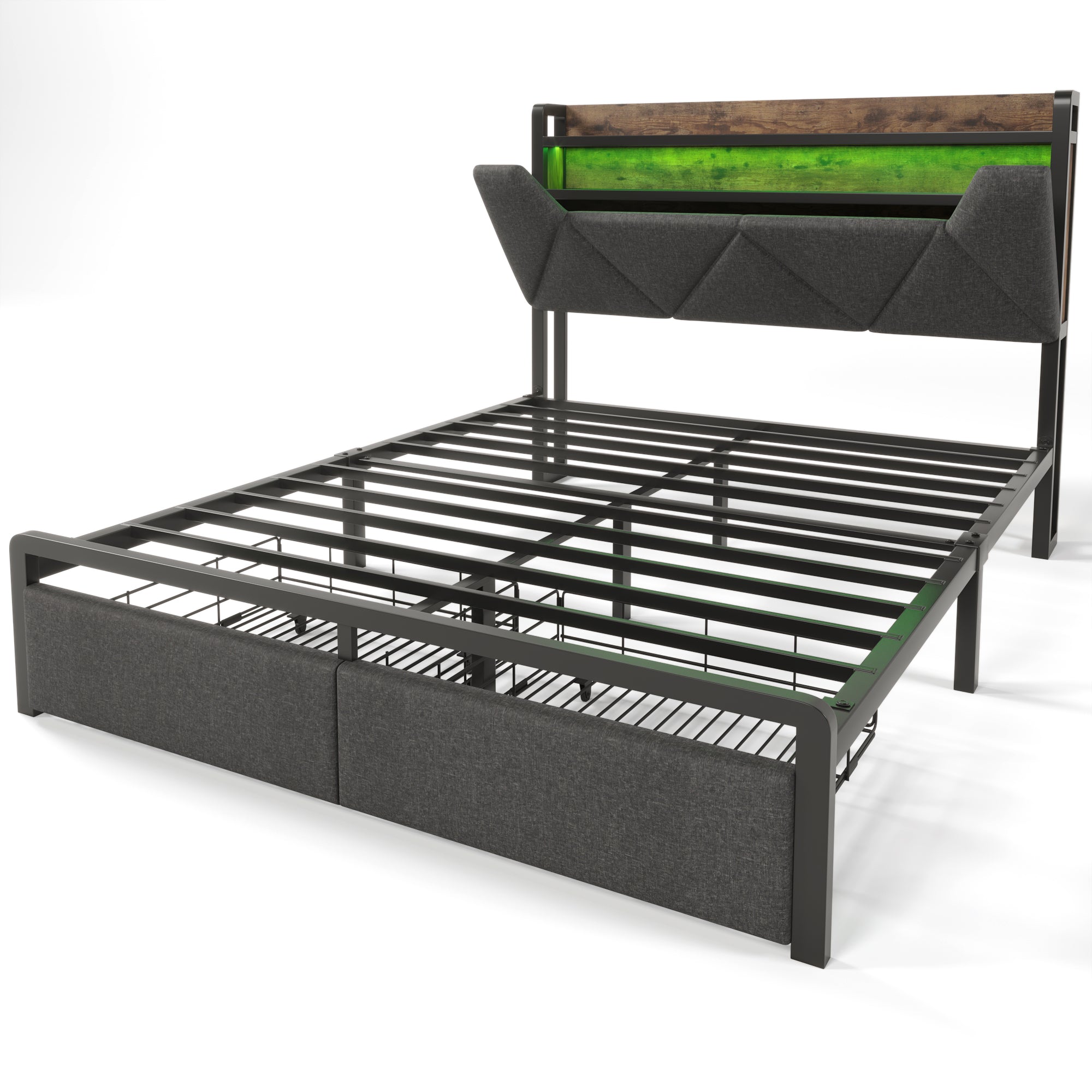 Logidon gestoffeerd bed 140x200 USB C oplaadfunctie lades hoofdbord grijs