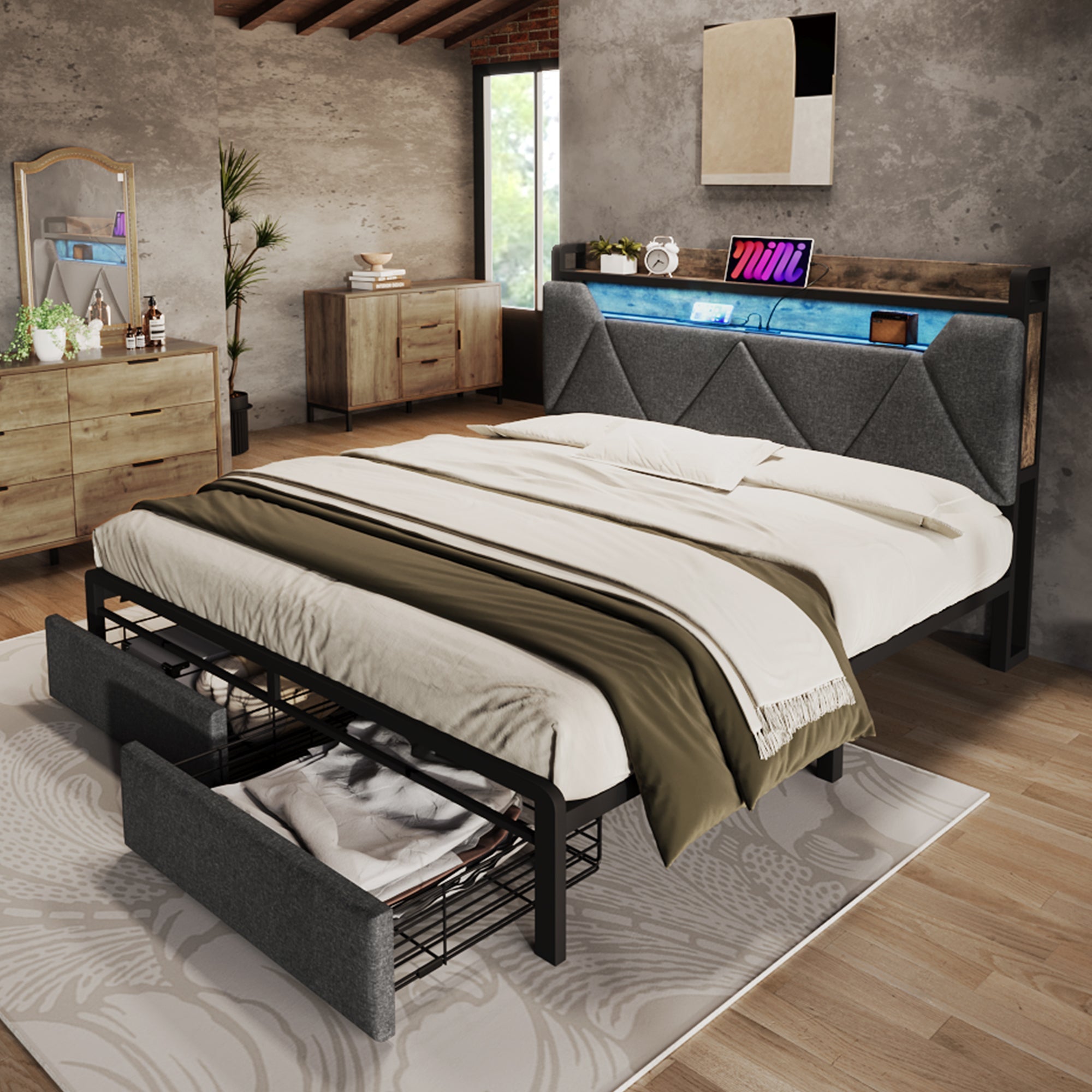 Logidon Upholstered Bed 140x200 USB Type C Charging Function and Storage Space Gray