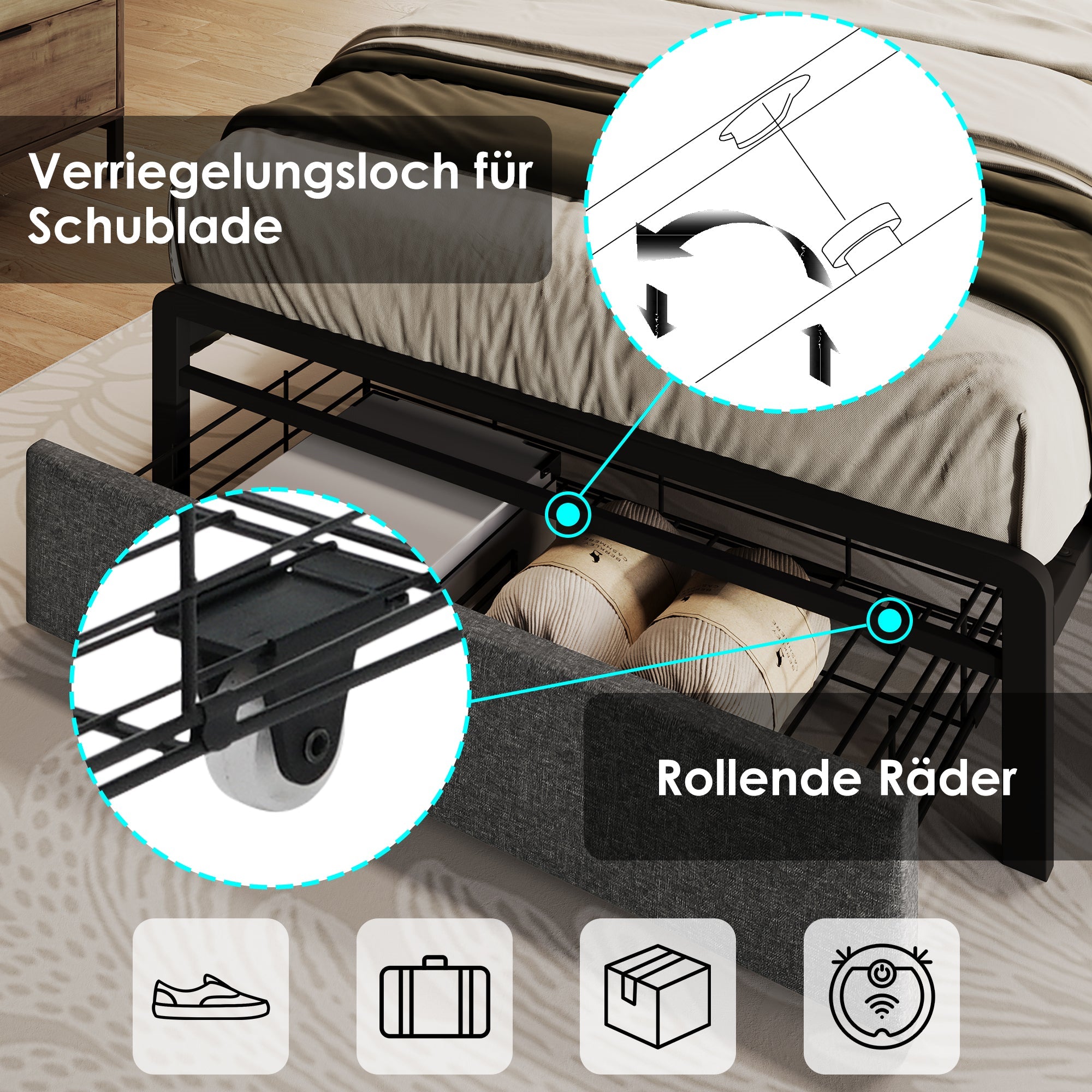 Logidon gestoffeerd bed USB oplaadfunctie opbergruimte hoofdbord LED grijs 90x200