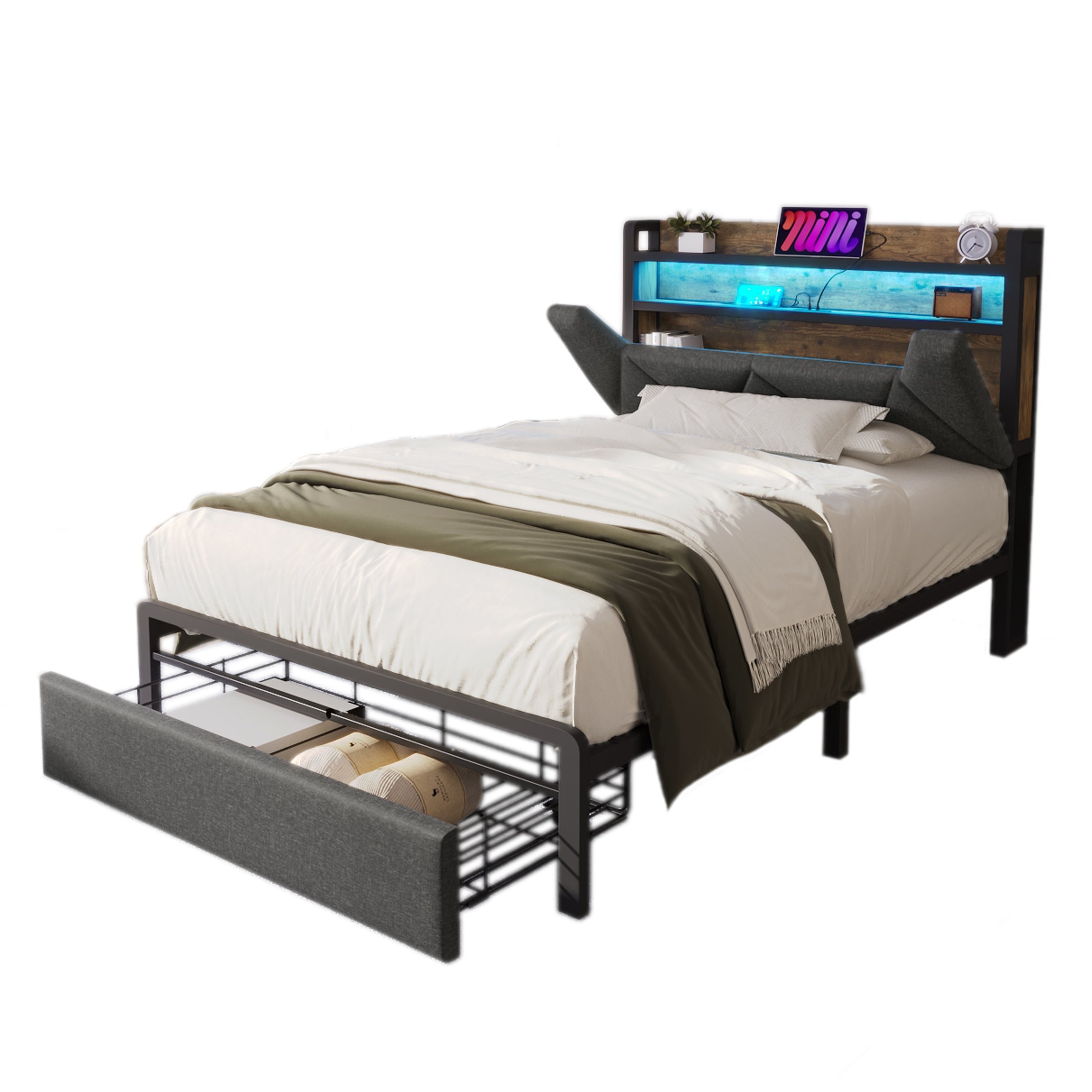 Logidon gestoffeerd bed 90x200 USB Type C oplaadfunctie opbergruimte hoofdbord
