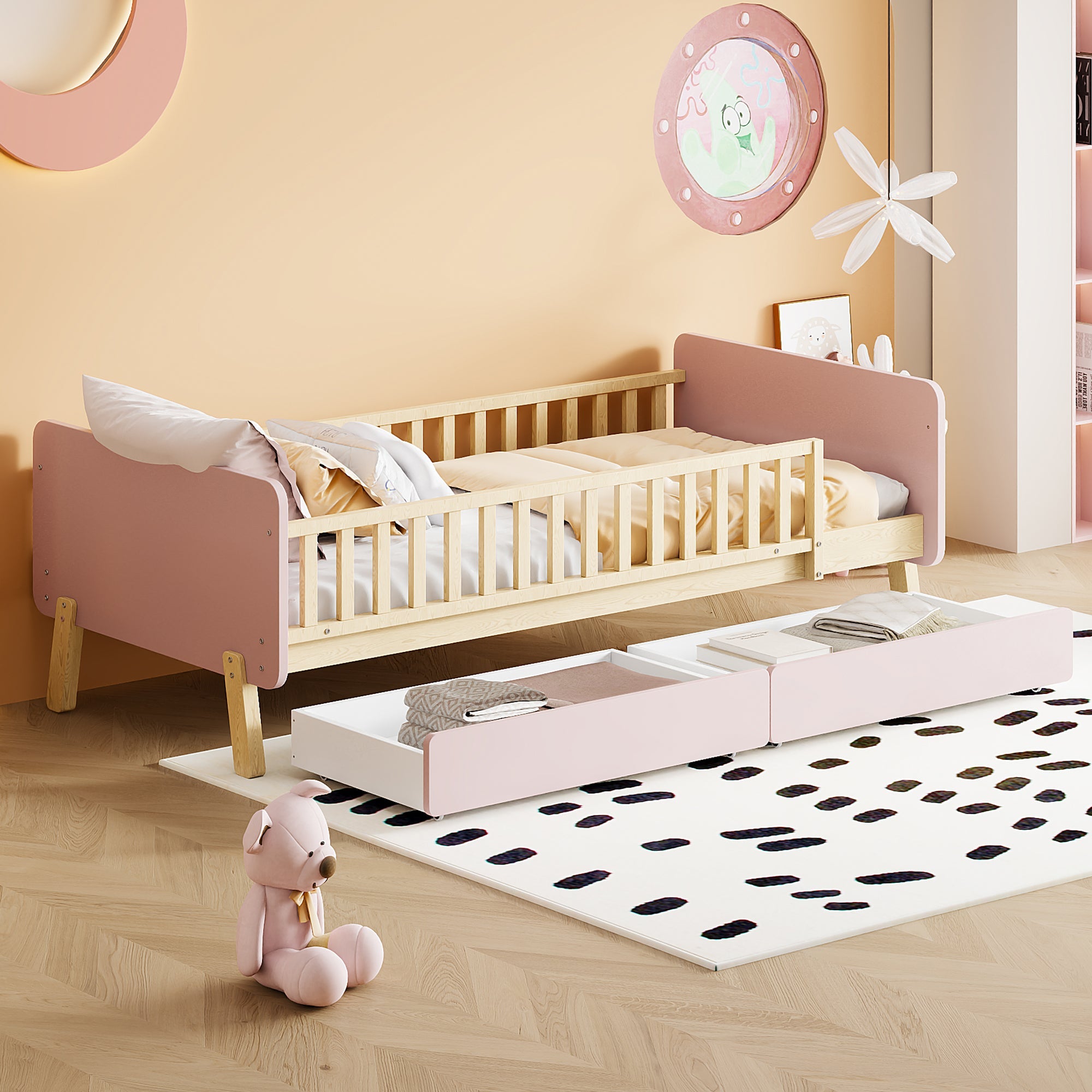 Logidon kinderbed 90x190 roze met 2 lades massief houten lattenbodem