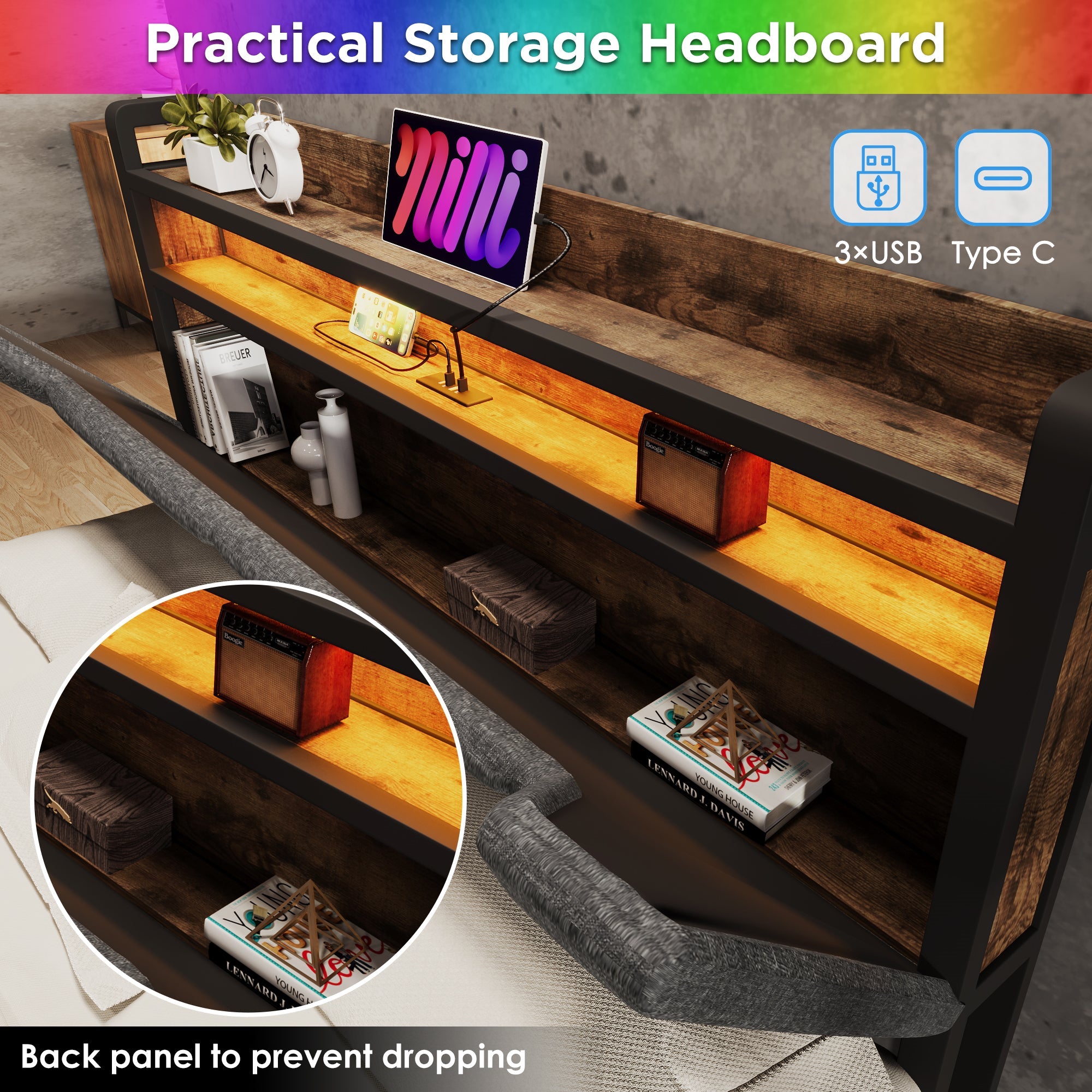 Logidon Upholstered Bed 140x200 USB Type C Charging Function and Storage Space Gray