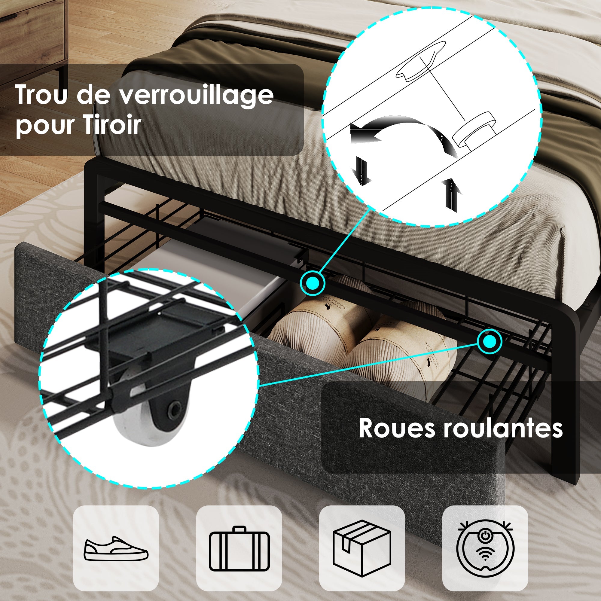 Logidon upholstered bed 90x200 USB Type C charging function storage space headboard