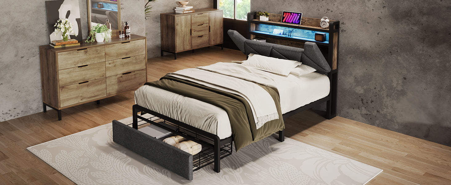 Logidon upholstered bed 90x200 USB Type C charging function storage space headboard