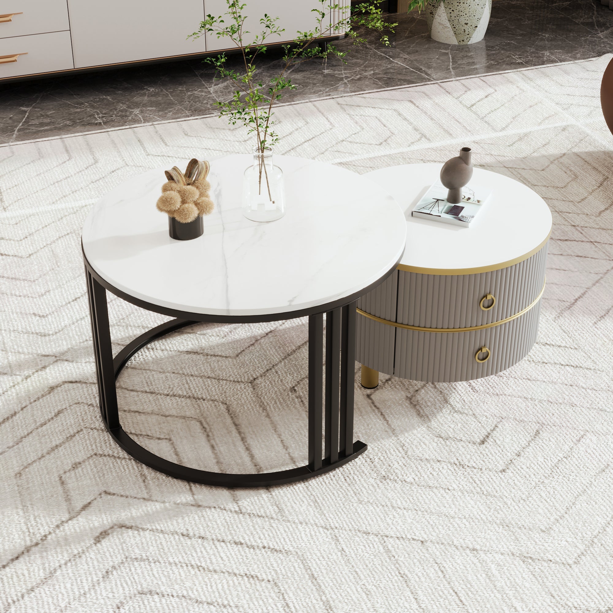 Logidon 2-in-1 ronde MDF salontafelset grijs glanzend blad 70x70 + 50x50 cm
