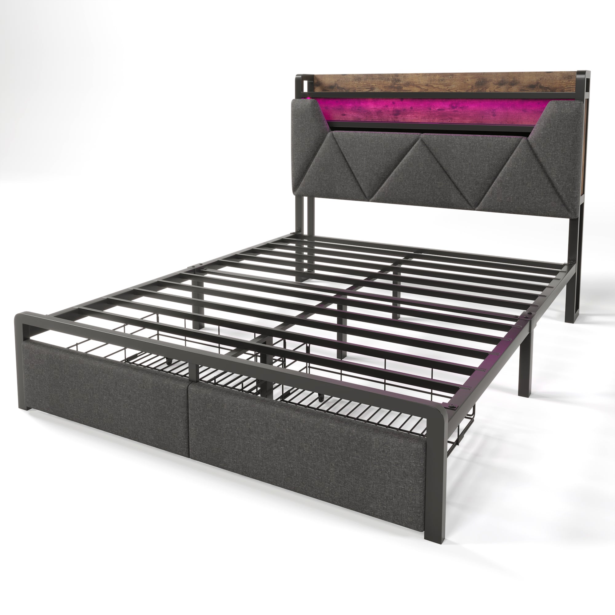 Logidon gestoffeerd bed 140x200 USB C oplaadfunctie lades hoofdbord grijs