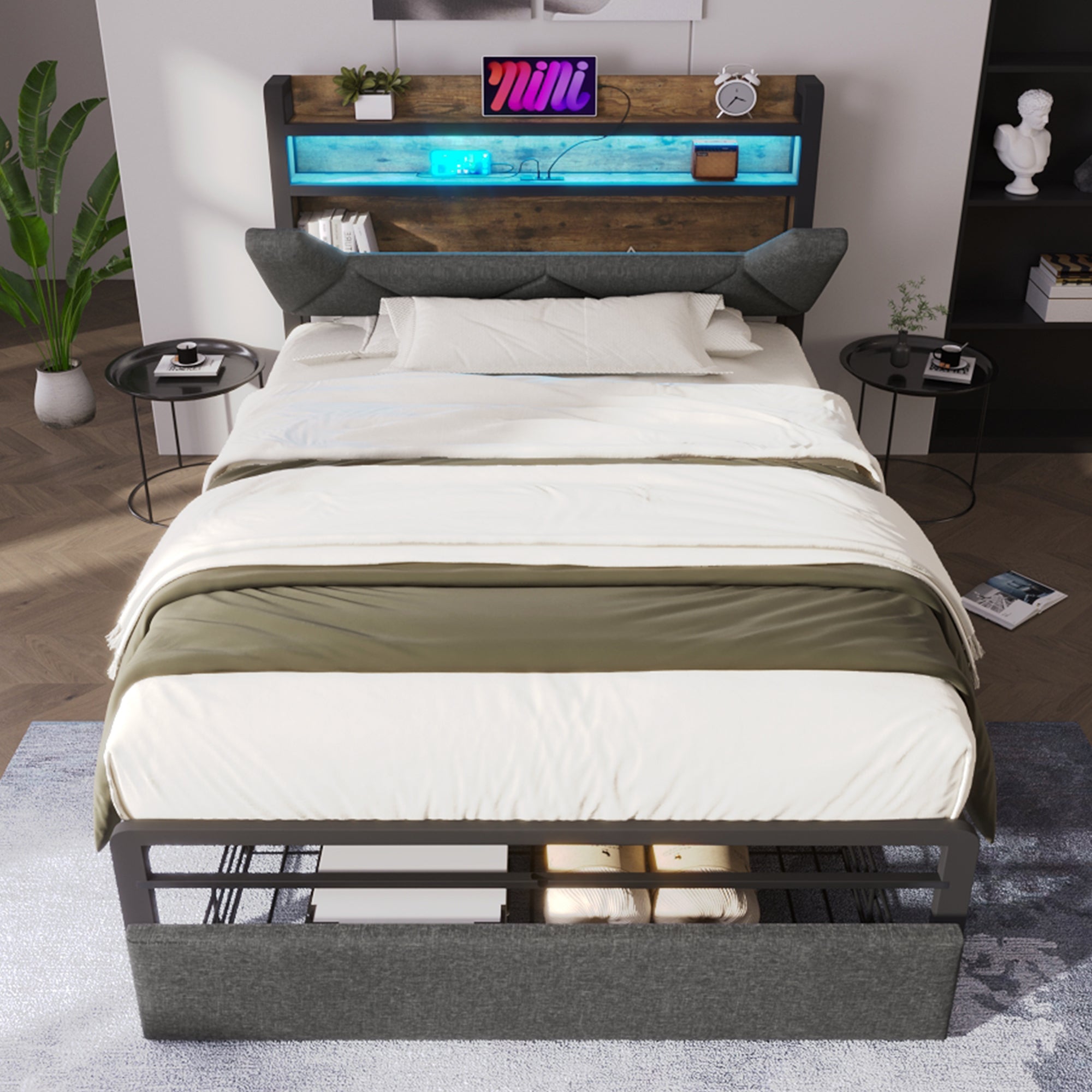 Logidon upholstered bed 90x200 USB Type C charging function storage space headboard