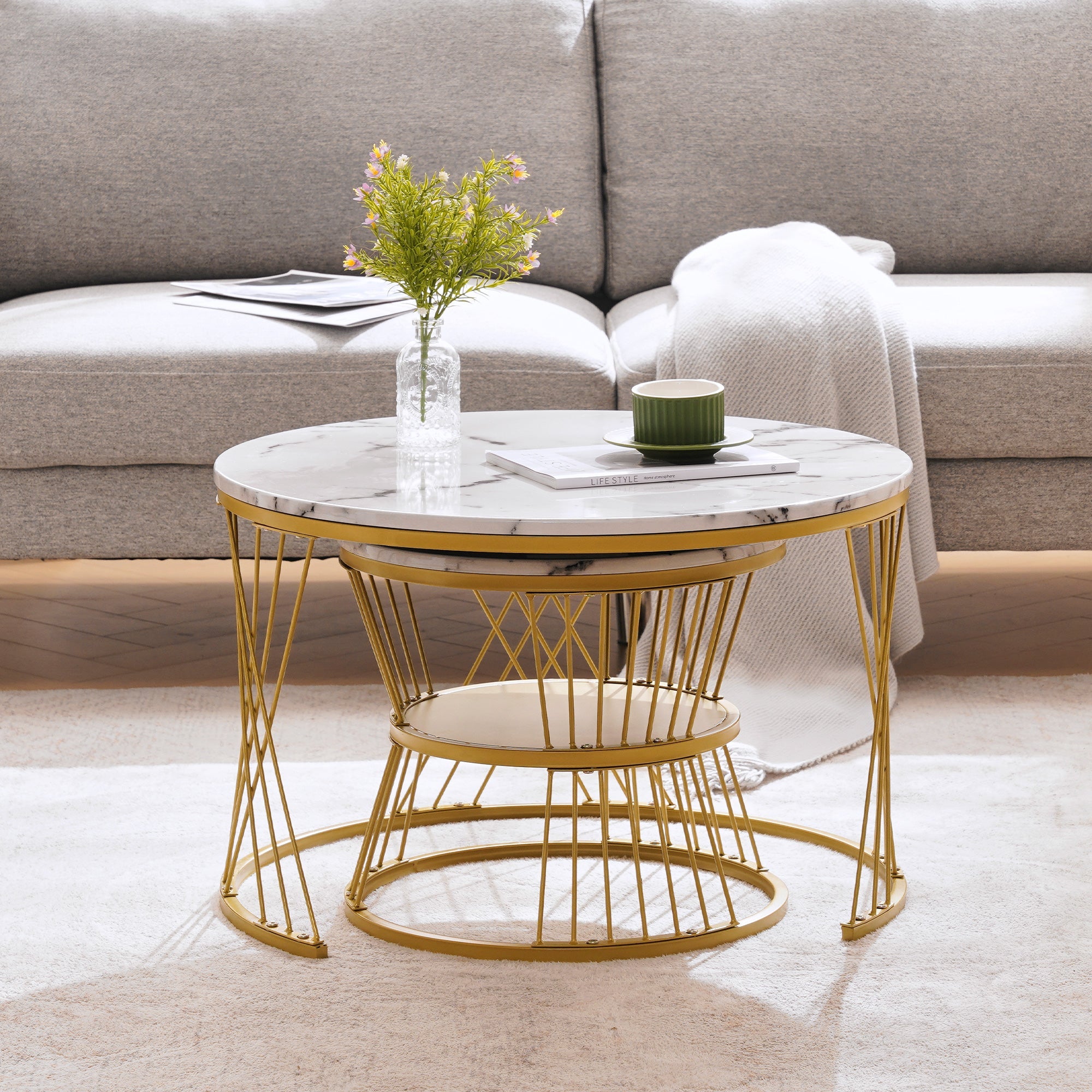 Logidon ronde salontafels wit marmer fineer gouden frame nesting