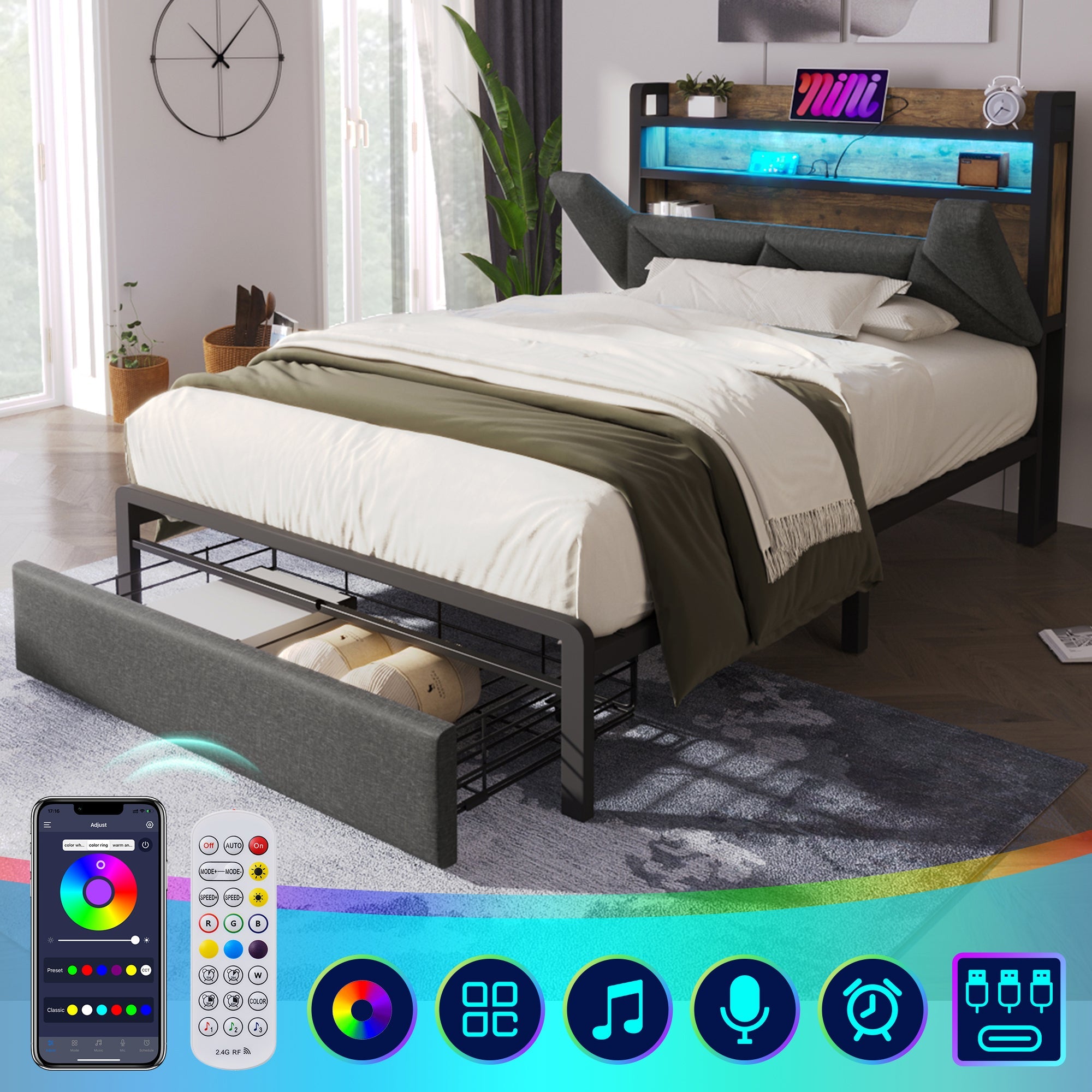 Logidon gestoffeerd bed USB oplaadfunctie opbergruimte hoofdbord LED grijs 90x200