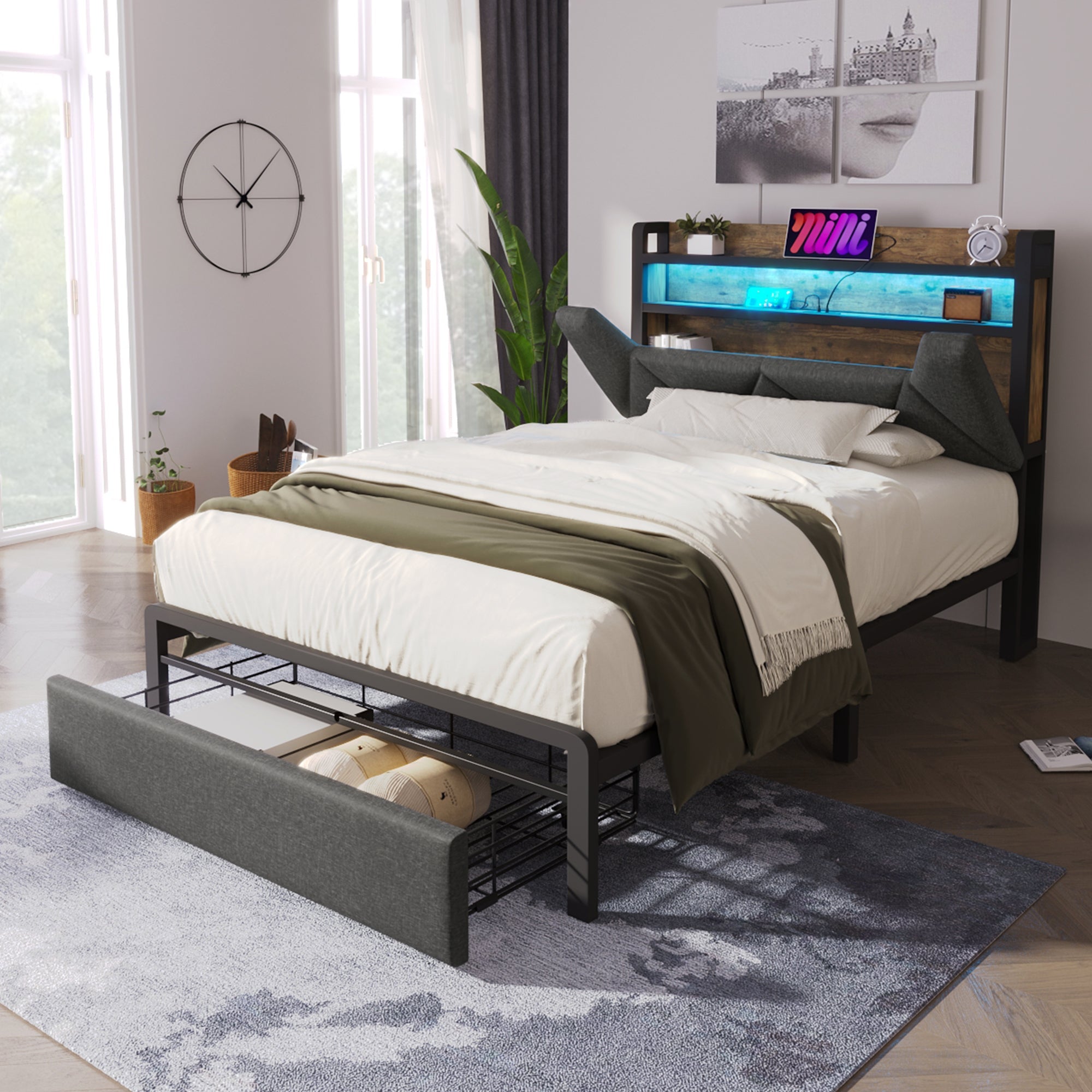 Logidon gestoffeerd bed USB oplaadfunctie opbergruimte hoofdbord LED grijs 90x200