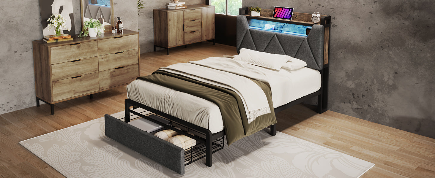 Logidon upholstered bed 90x200 USB Type C charging function storage space headboard