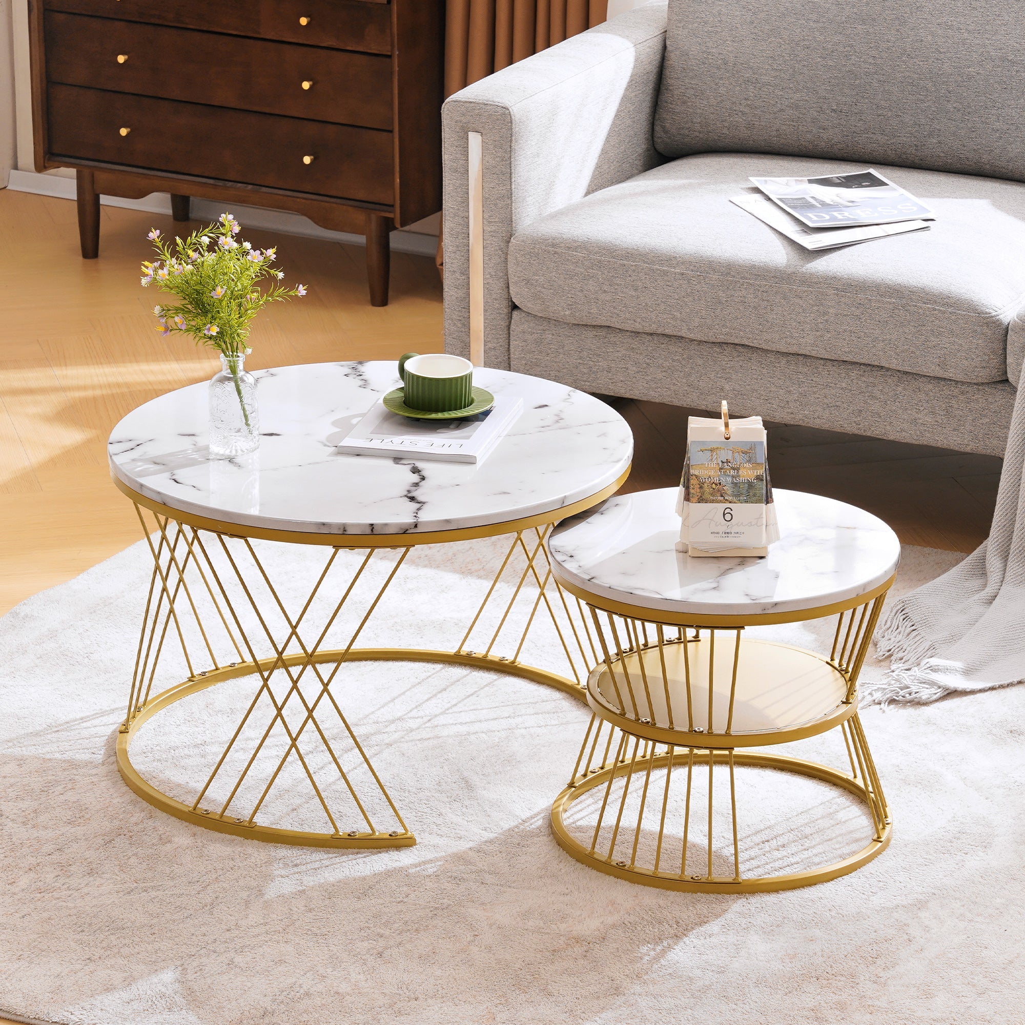 Logidon ronde salontafels wit marmer fineer gouden frame nesting