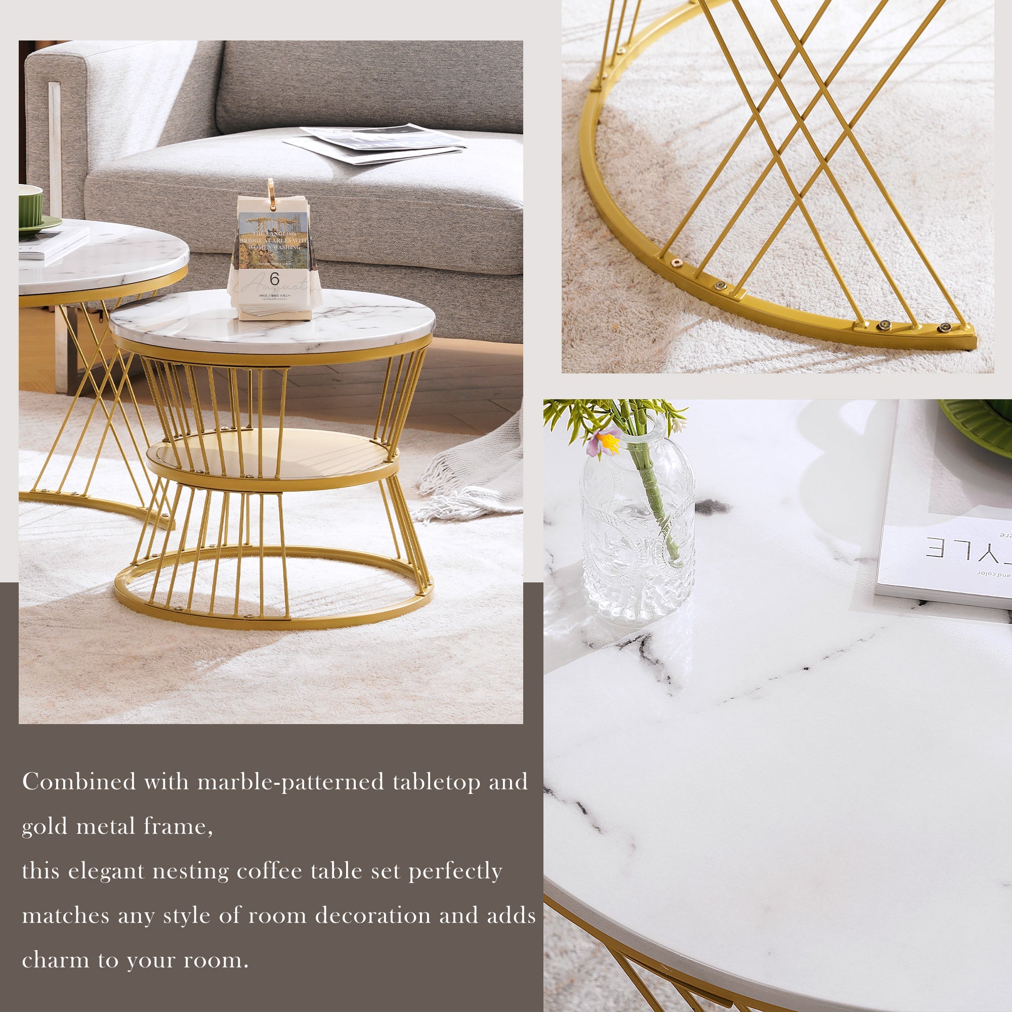 Logidon ronde salontafels wit marmer fineer gouden frame nesting