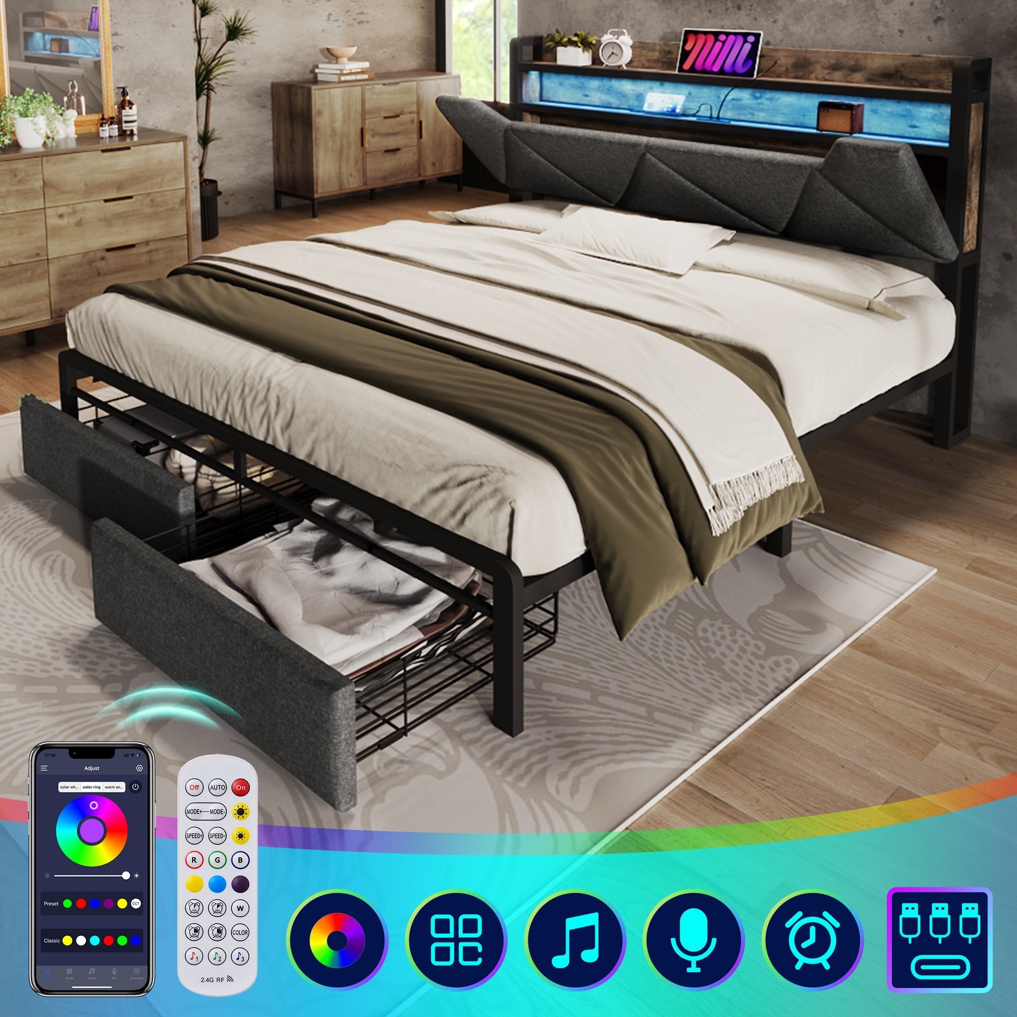 Logidon gestoffeerd bed 140x200 USB C oplaadfunctie lades hoofdbord grijs