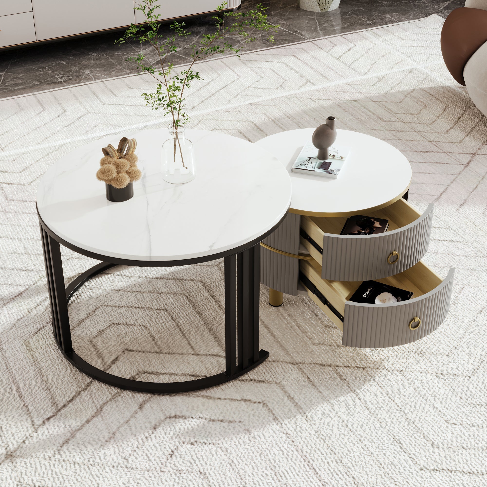 Logidon 2-in-1 ronde MDF salontafelset grijs glanzend blad 70x70 + 50x50 cm